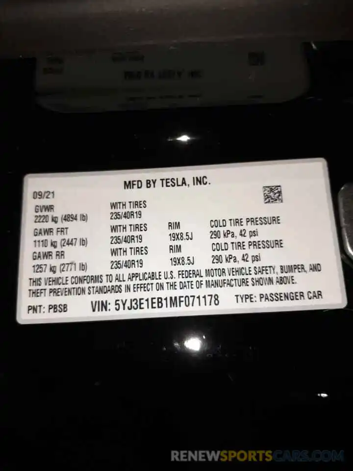 10 Фотография поврежденного автомобиля 5YJ3E1EB1MF071178 TESLA MODEL 3 2021