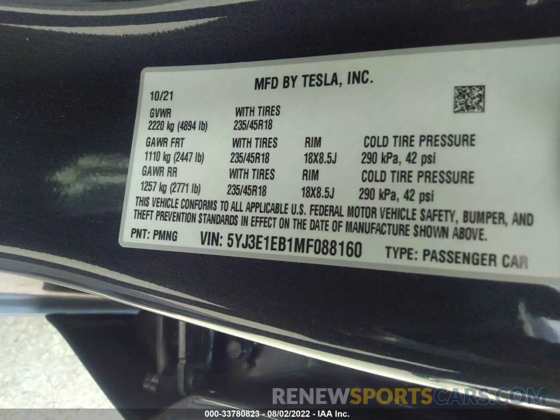 9 Фотография поврежденного автомобиля 5YJ3E1EB1MF088160 TESLA MODEL 3 2021