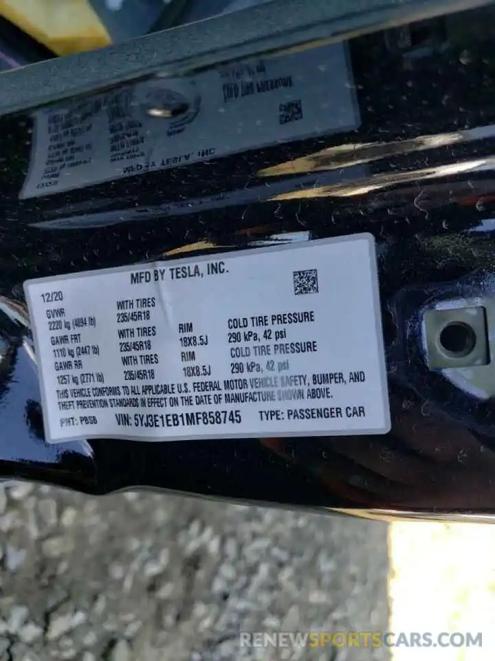 10 Photograph of a damaged car 5YJ3E1EB1MF858745 TESLA MODEL 3 2021