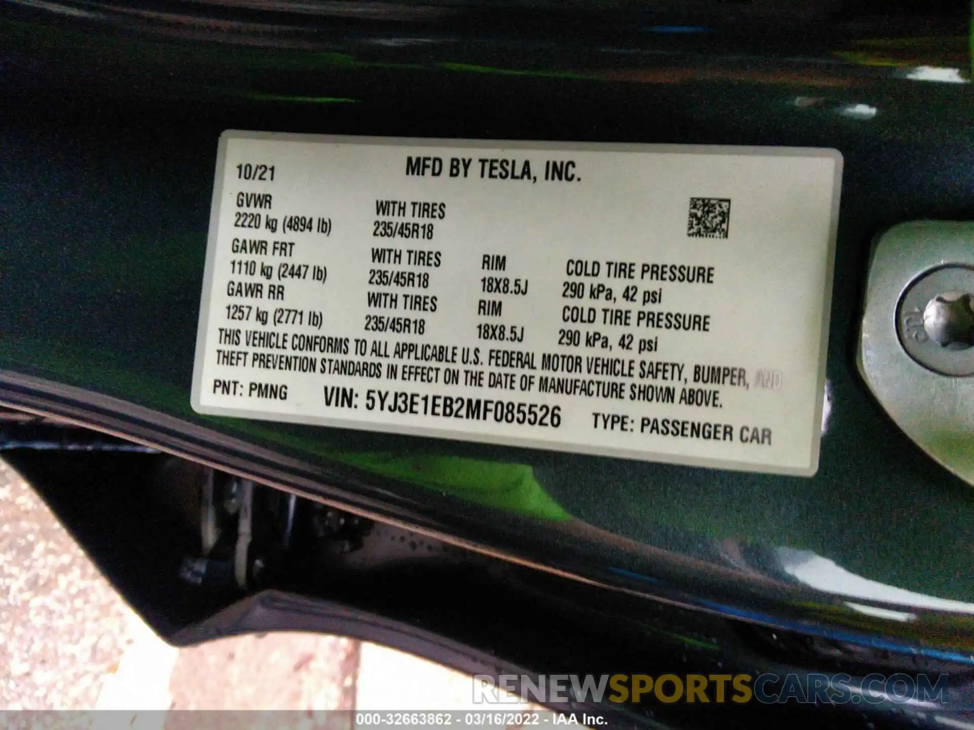 9 Фотография поврежденного автомобиля 5YJ3E1EB2MF085526 TESLA MODEL 3 2021