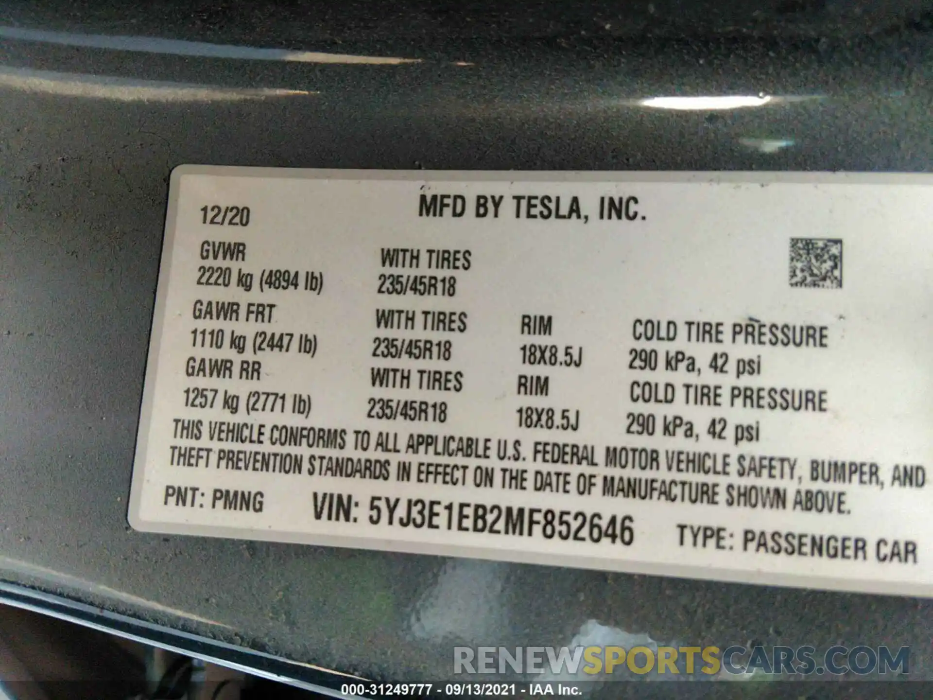 9 Фотография поврежденного автомобиля 5YJ3E1EB2MF852646 TESLA MODEL 3 2021