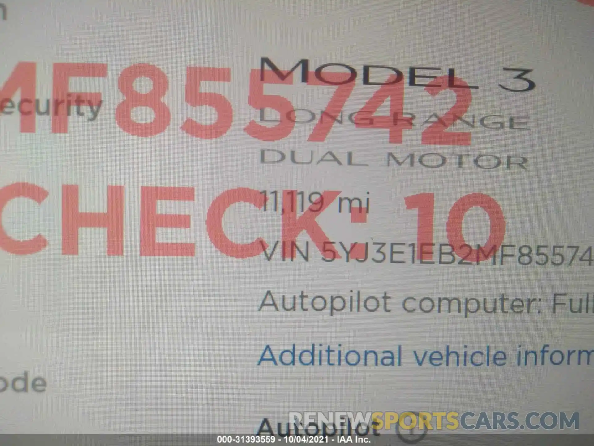 7 Фотография поврежденного автомобиля 5YJ3E1EB2MF855742 TESLA MODEL 3 2021