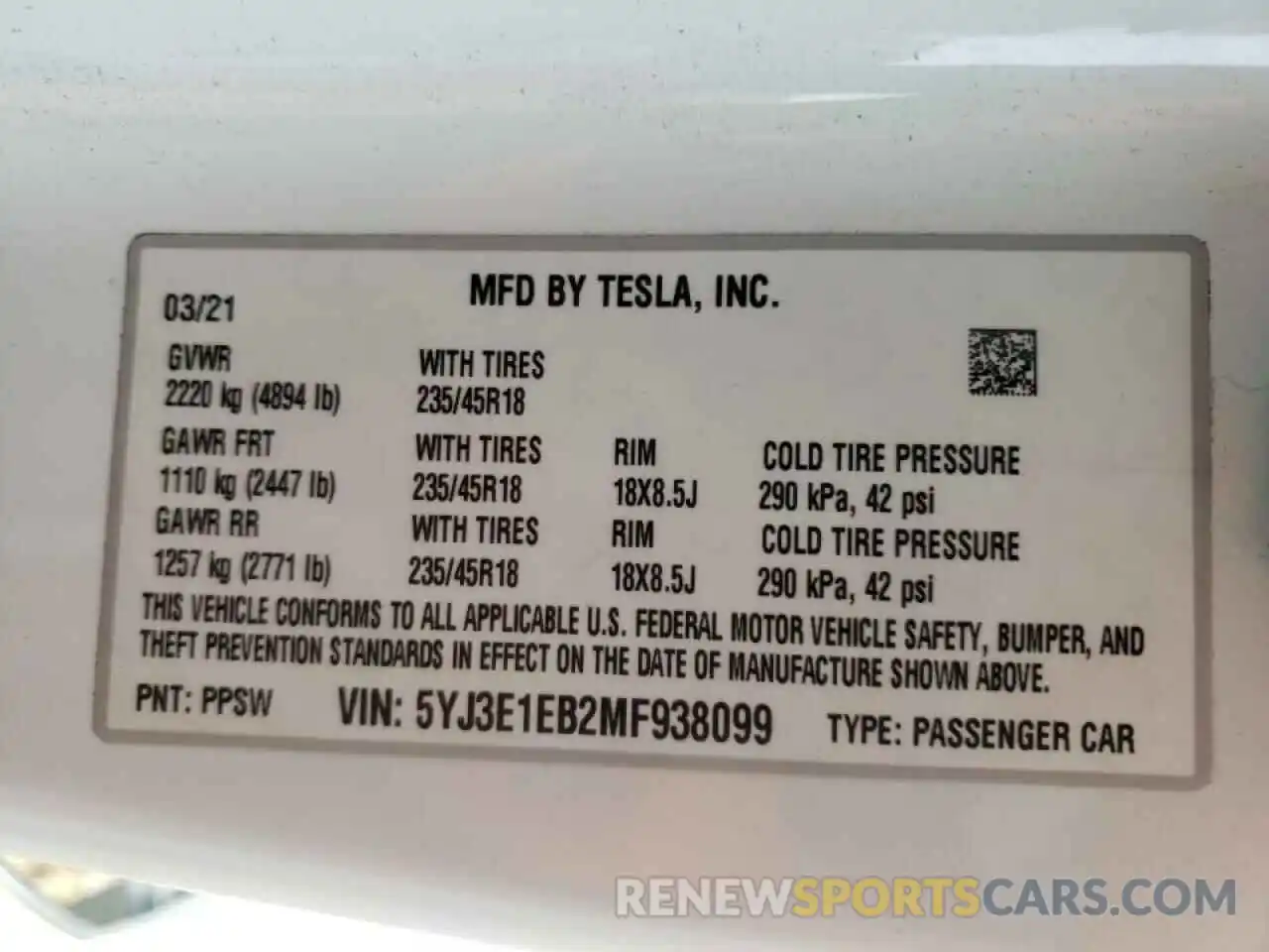 10 Photograph of a damaged car 5YJ3E1EB2MF938099 TESLA MODEL 3 2021