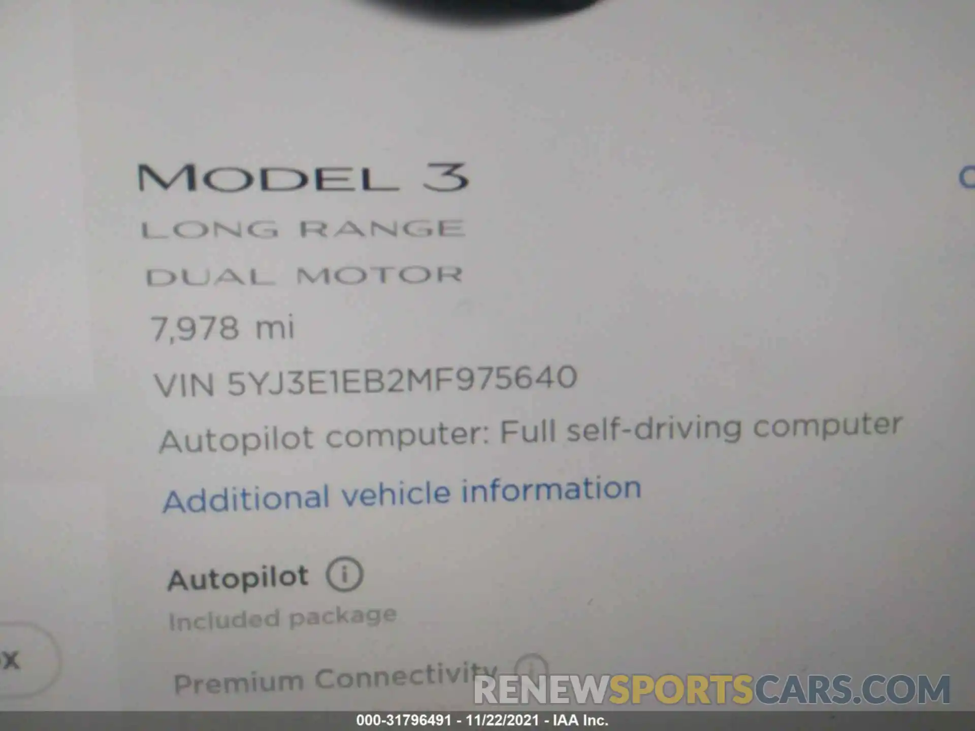 7 Фотография поврежденного автомобиля 5YJ3E1EB2MF975640 TESLA MODEL 3 2021