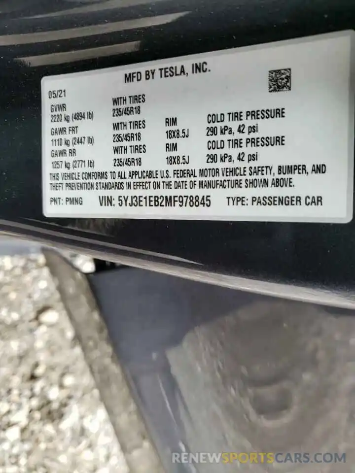 10 Photograph of a damaged car 5YJ3E1EB2MF978845 TESLA MODEL 3 2021