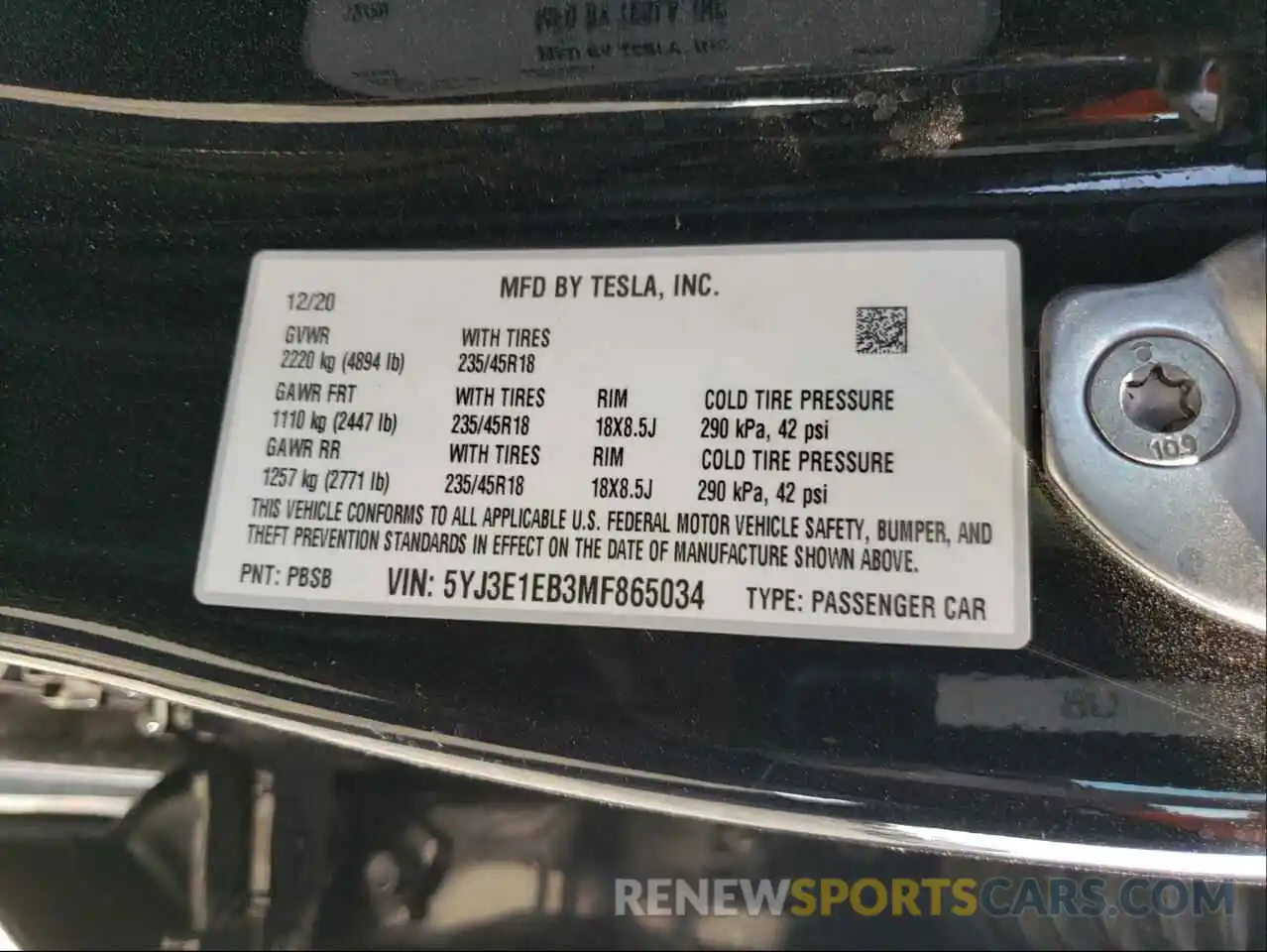 10 Photograph of a damaged car 5YJ3E1EB3MF865034 TESLA MODEL 3 2021