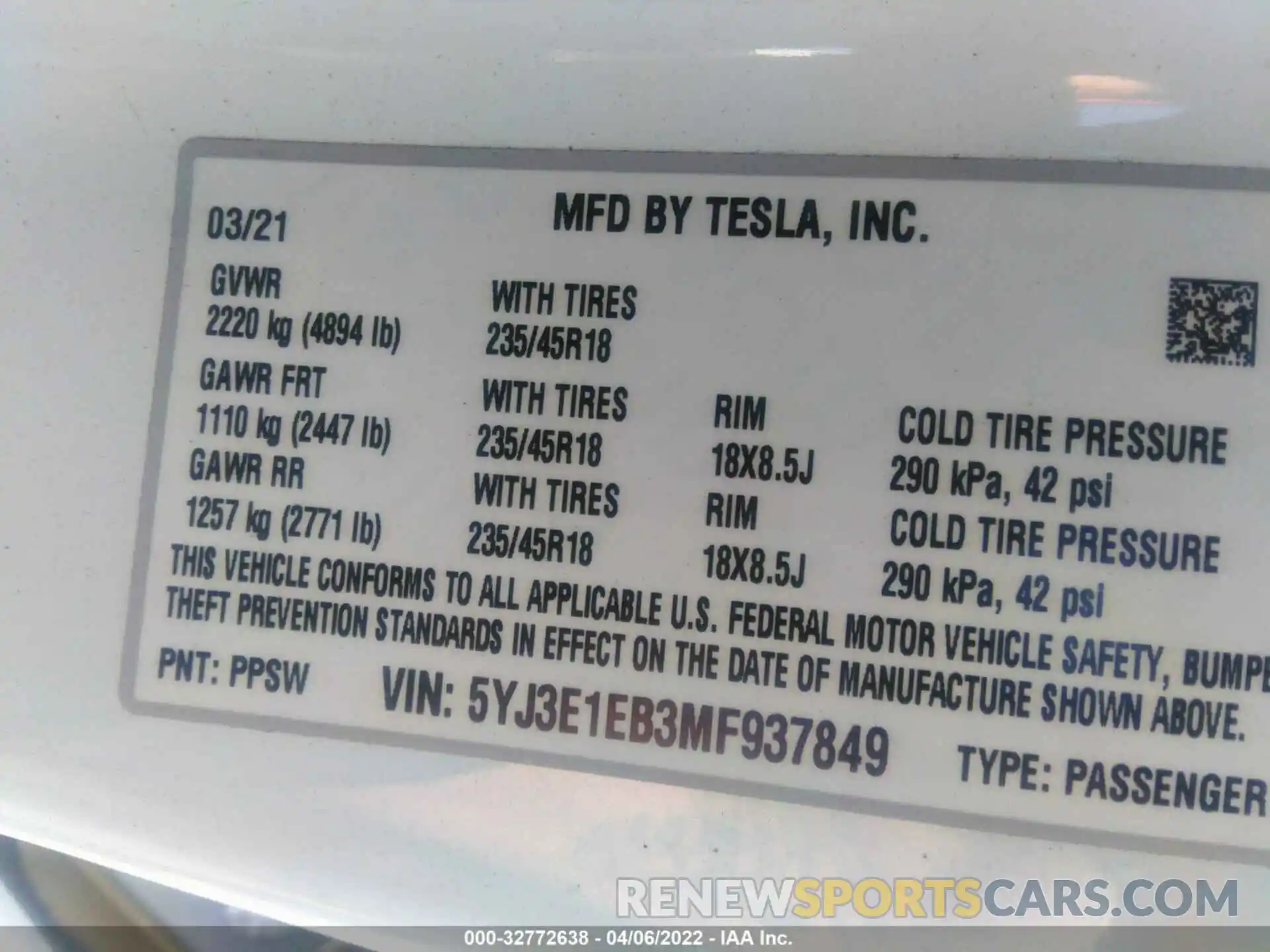 9 Фотография поврежденного автомобиля 5YJ3E1EB3MF937849 TESLA MODEL 3 2021