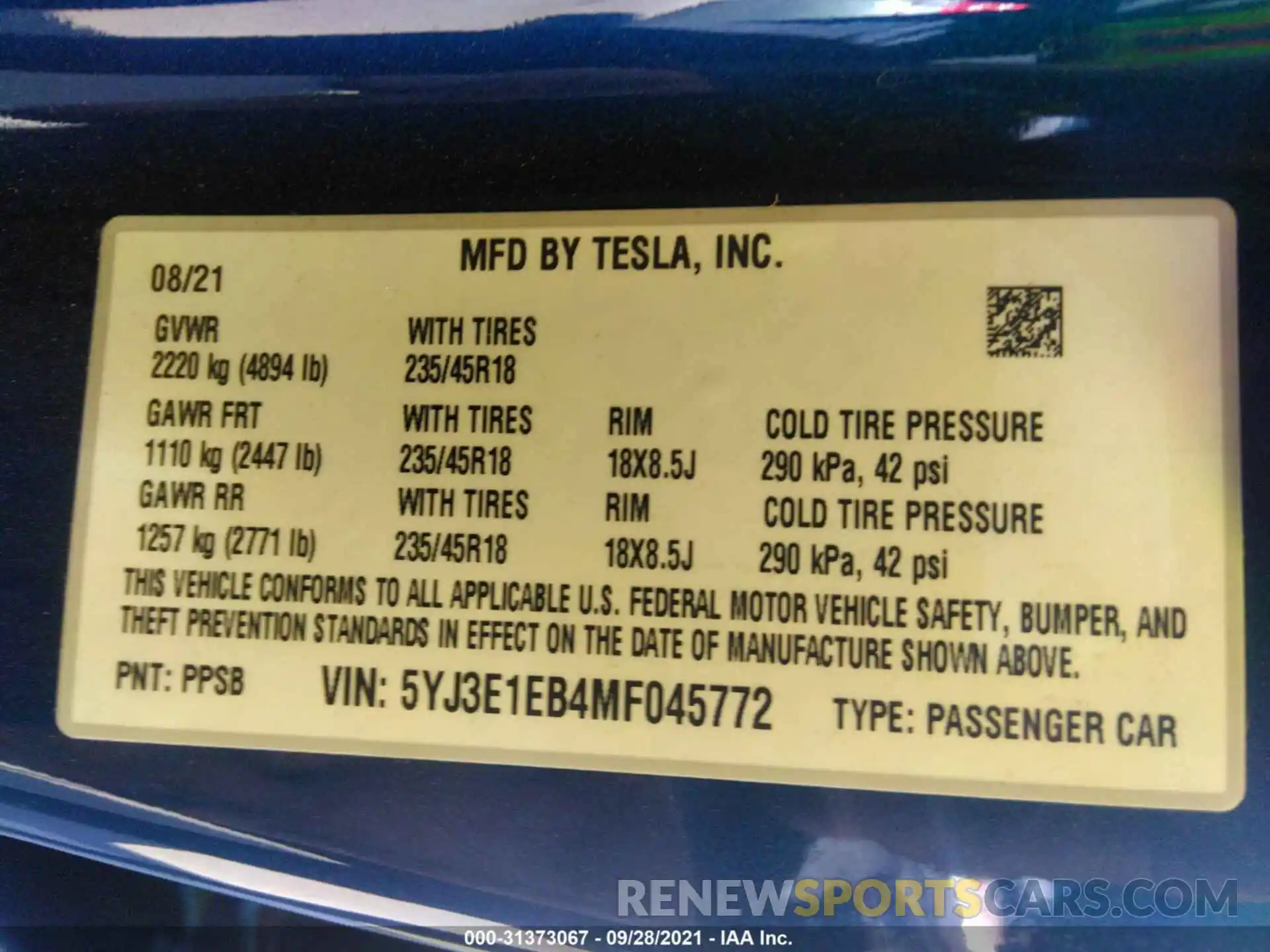 9 Фотография поврежденного автомобиля 5YJ3E1EB4MF045772 TESLA MODEL 3 2021