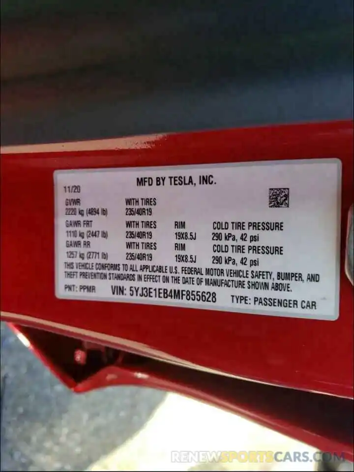 10 Photograph of a damaged car 5YJ3E1EB4MF855628 TESLA MODEL 3 2021