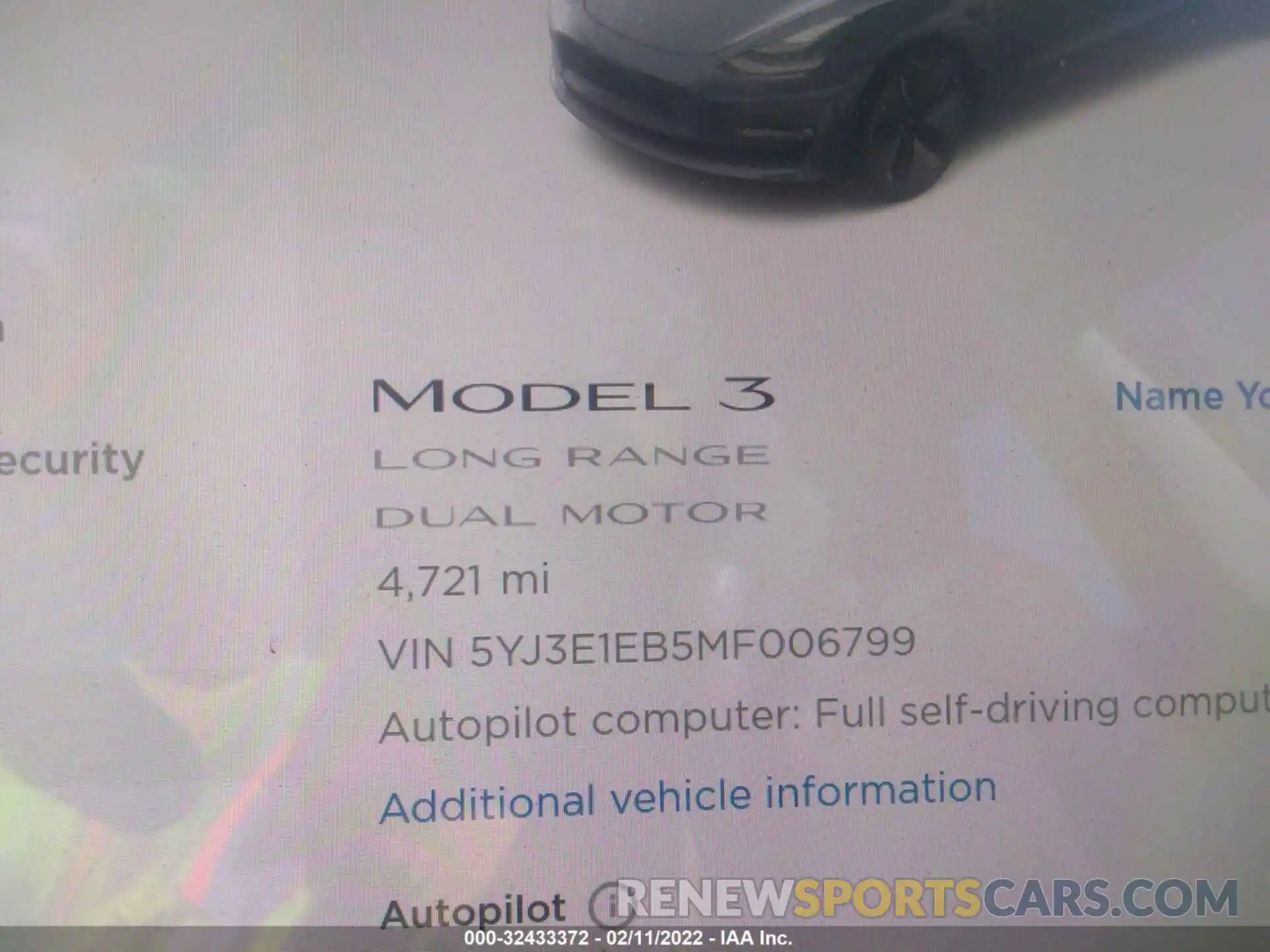 7 Фотография поврежденного автомобиля 5YJ3E1EB5MF006799 TESLA MODEL 3 2021