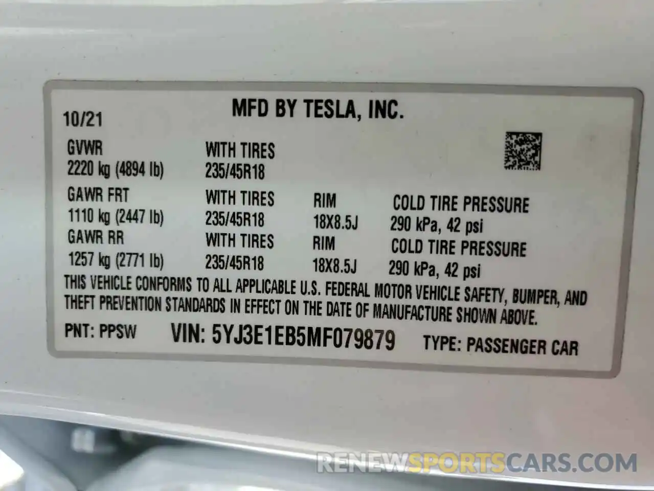 10 Photograph of a damaged car 5YJ3E1EB5MF079879 TESLA MODEL 3 2021