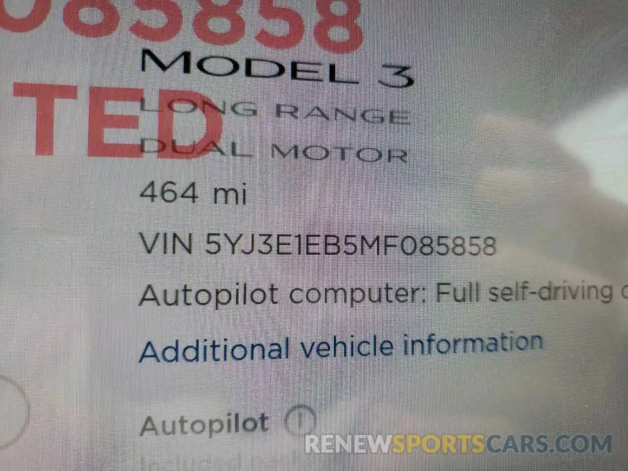 8 Фотография поврежденного автомобиля 5YJ3E1EB5MF085858 TESLA MODEL 3 2021