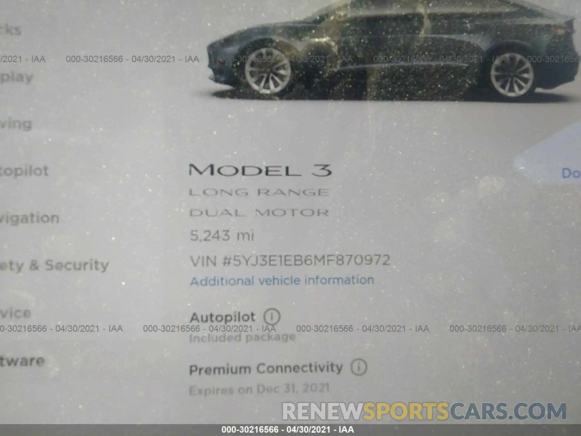 7 Фотография поврежденного автомобиля 5YJ3E1EB6MF870972 TESLA MODEL 3 2021