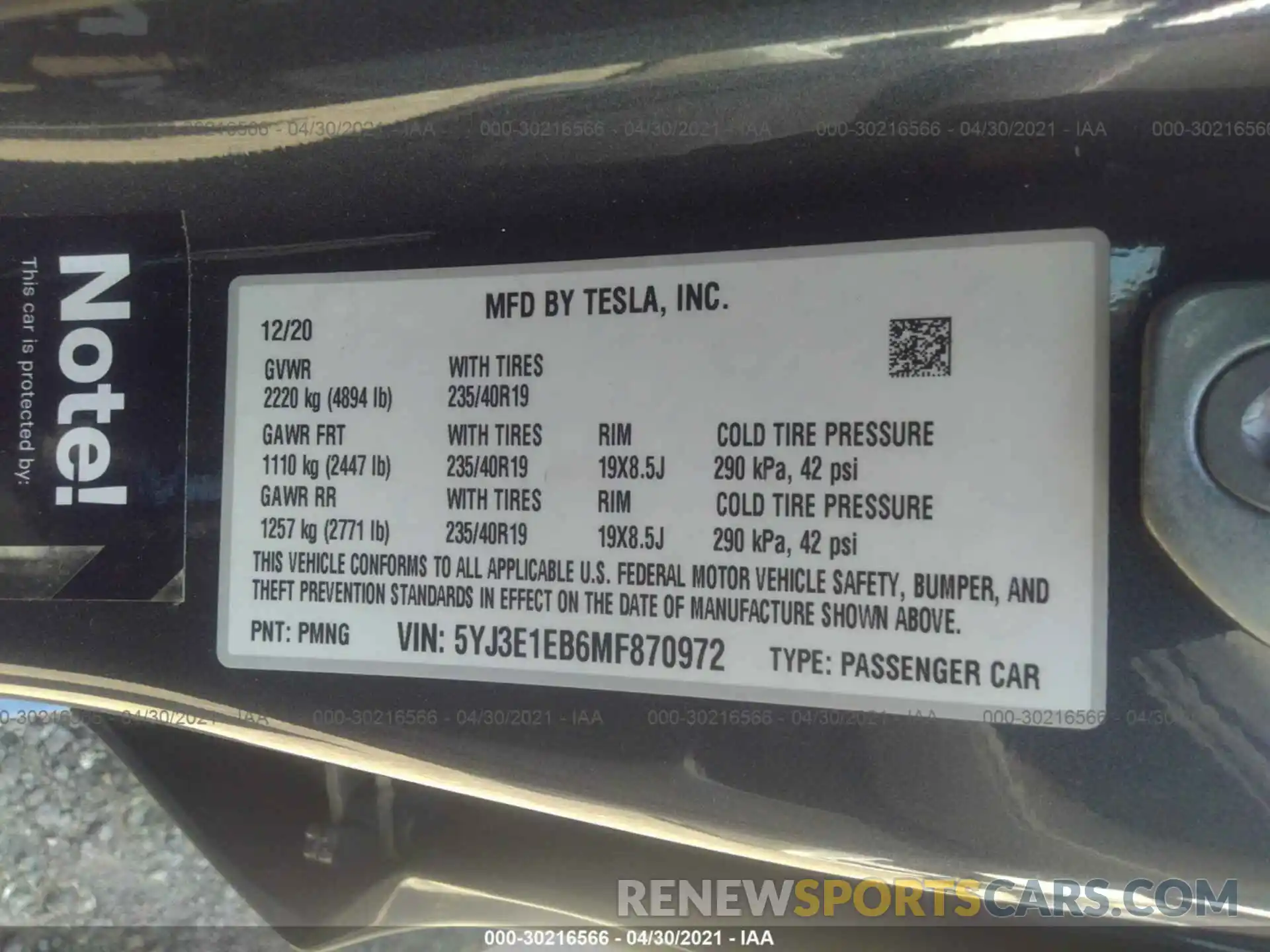 9 Photograph of a damaged car 5YJ3E1EB6MF870972 TESLA MODEL 3 2021