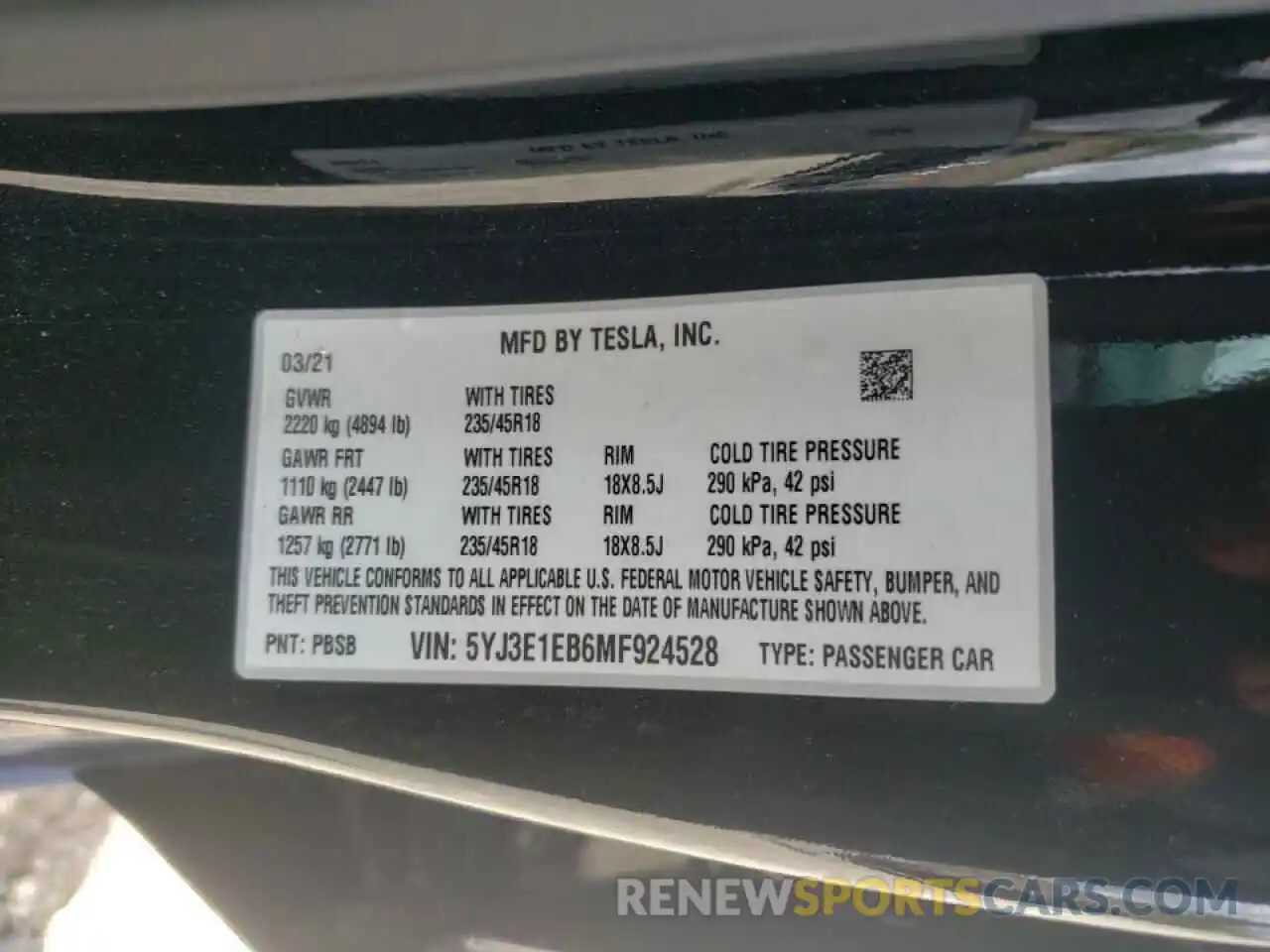 10 Photograph of a damaged car 5YJ3E1EB6MF924528 TESLA MODEL 3 2021