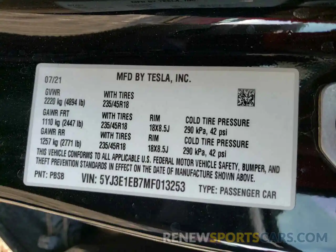 10 Photograph of a damaged car 5YJ3E1EB7MF013253 TESLA MODEL 3 2021