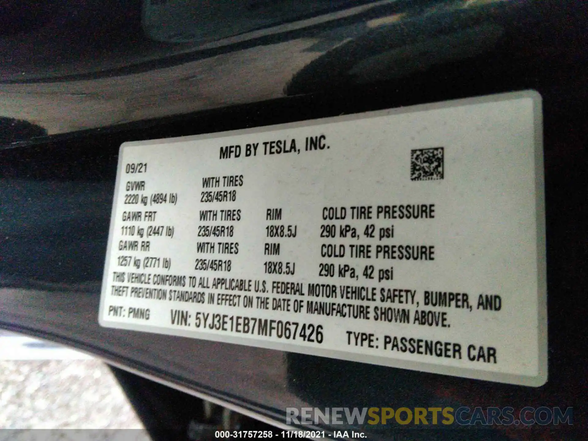 9 Фотография поврежденного автомобиля 5YJ3E1EB7MF067426 TESLA MODEL 3 2021