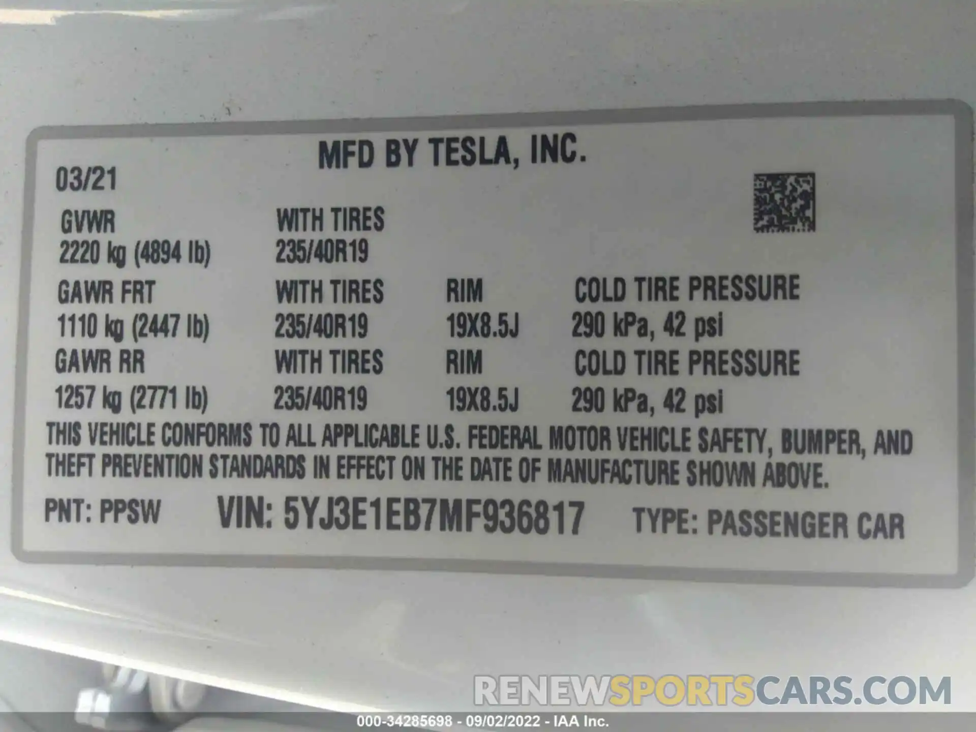 9 Фотография поврежденного автомобиля 5YJ3E1EB7MF936817 TESLA MODEL 3 2021