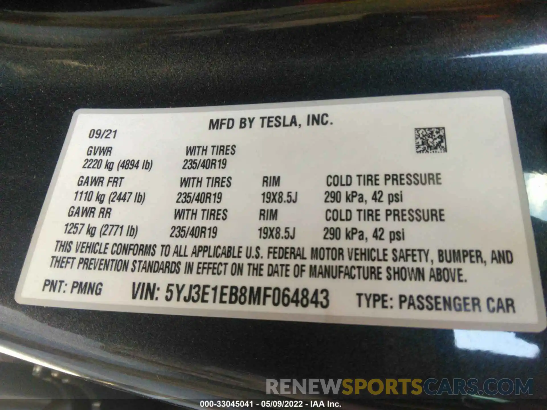 9 Фотография поврежденного автомобиля 5YJ3E1EB8MF064843 TESLA MODEL 3 2021