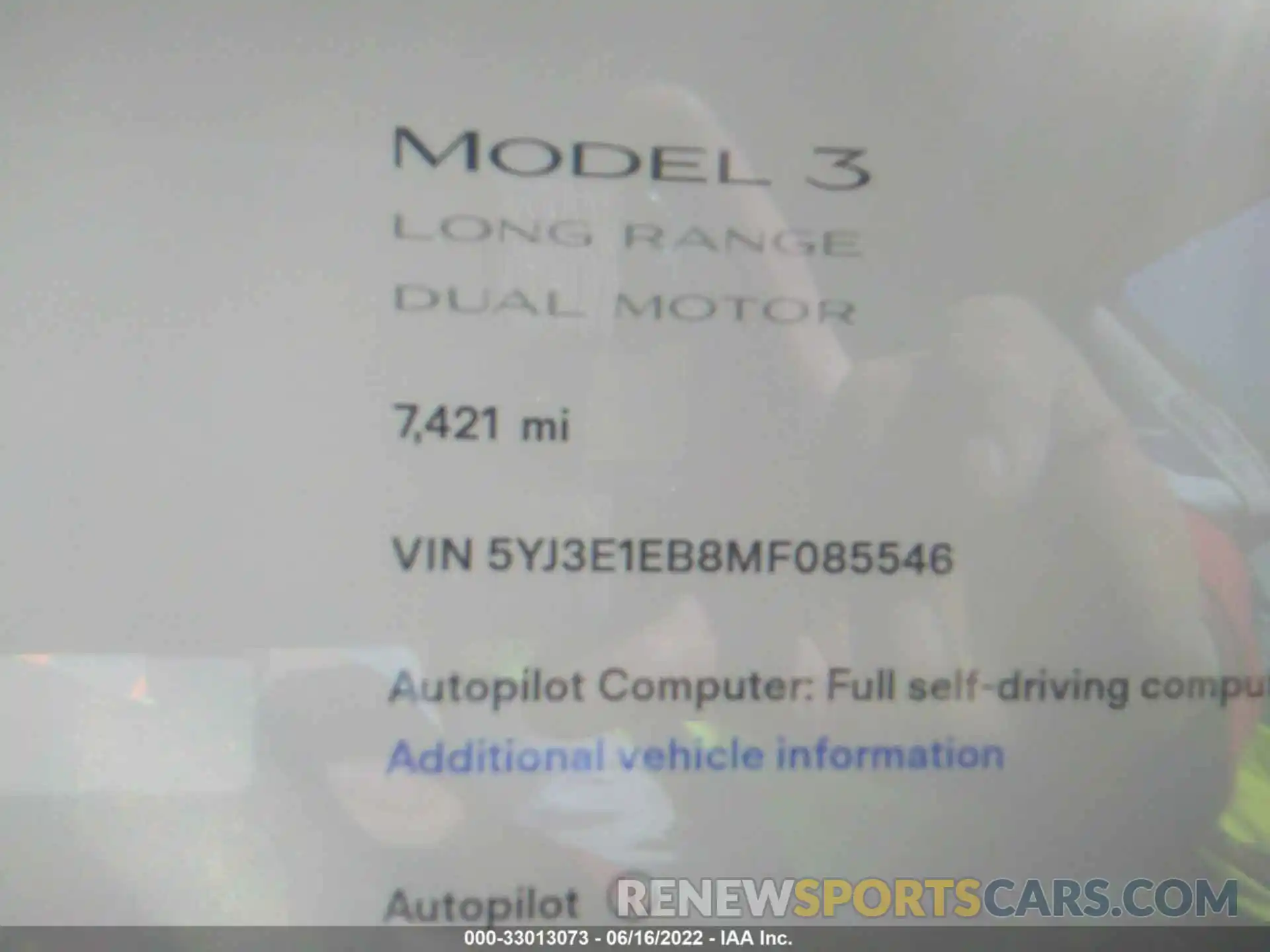 7 Photograph of a damaged car 5YJ3E1EB8MF085546 TESLA MODEL 3 2021