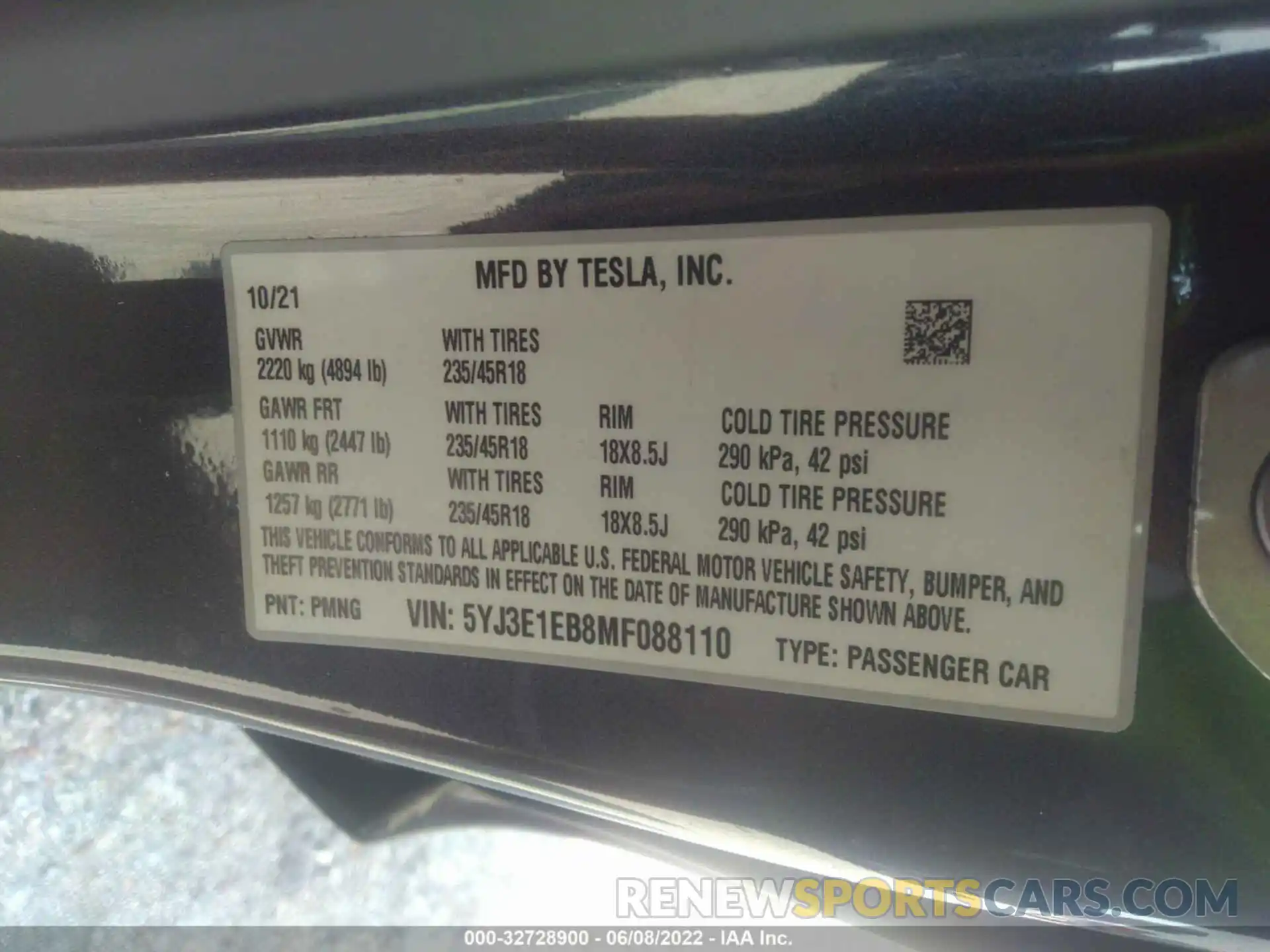 9 Фотография поврежденного автомобиля 5YJ3E1EB8MF088110 TESLA MODEL 3 2021