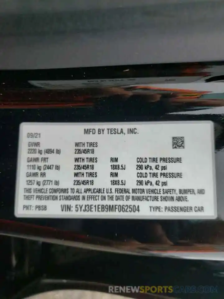 10 Photograph of a damaged car 5YJ3E1EB9MF062504 TESLA MODEL 3 2021