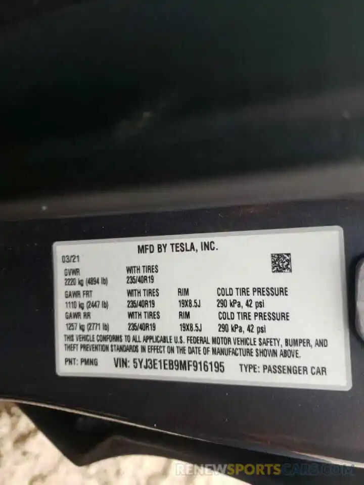 10 Photograph of a damaged car 5YJ3E1EB9MF916195 TESLA MODEL 3 2021