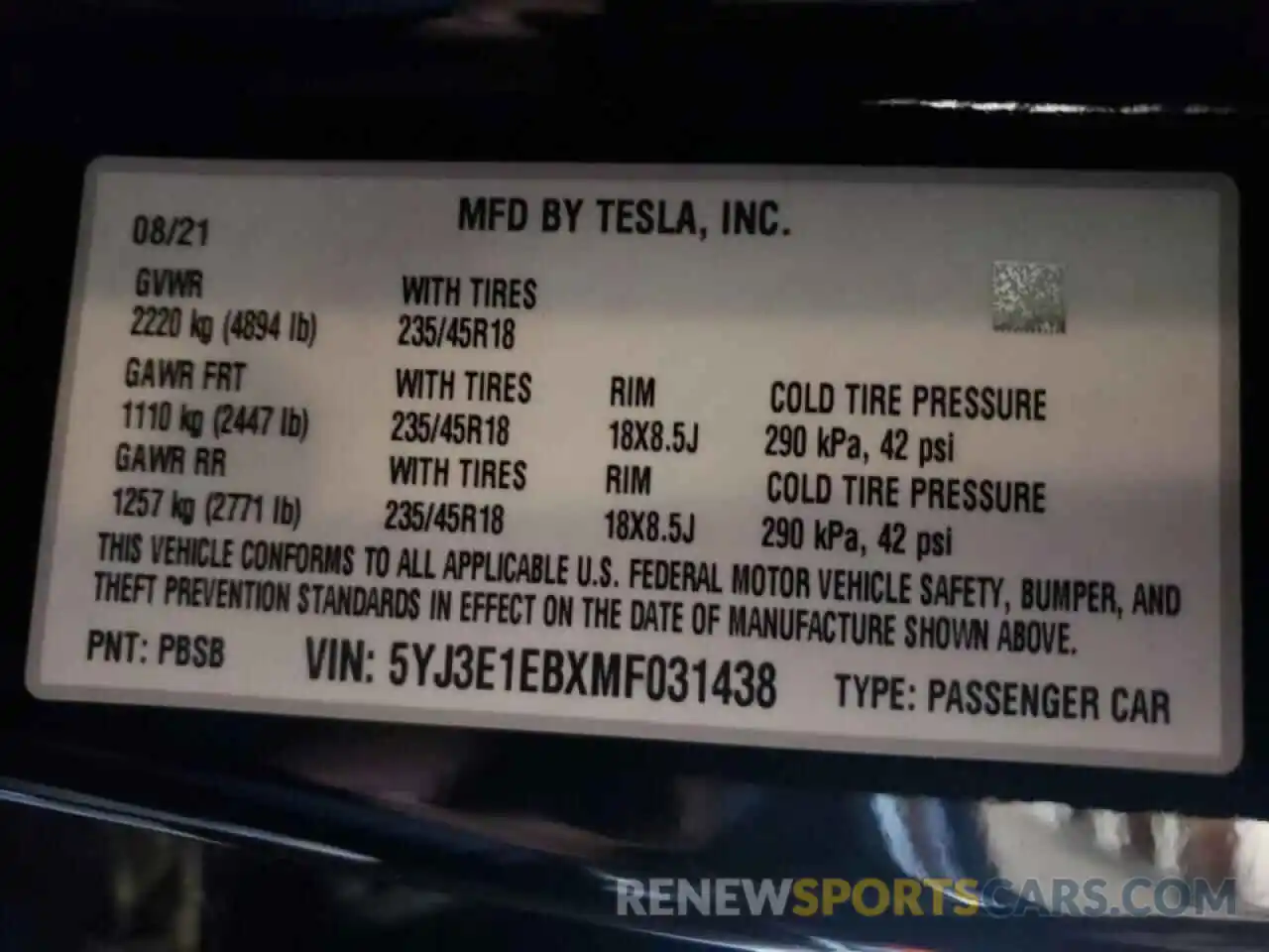 10 Фотография поврежденного автомобиля 5YJ3E1EBXMF031438 TESLA MODEL 3 2021