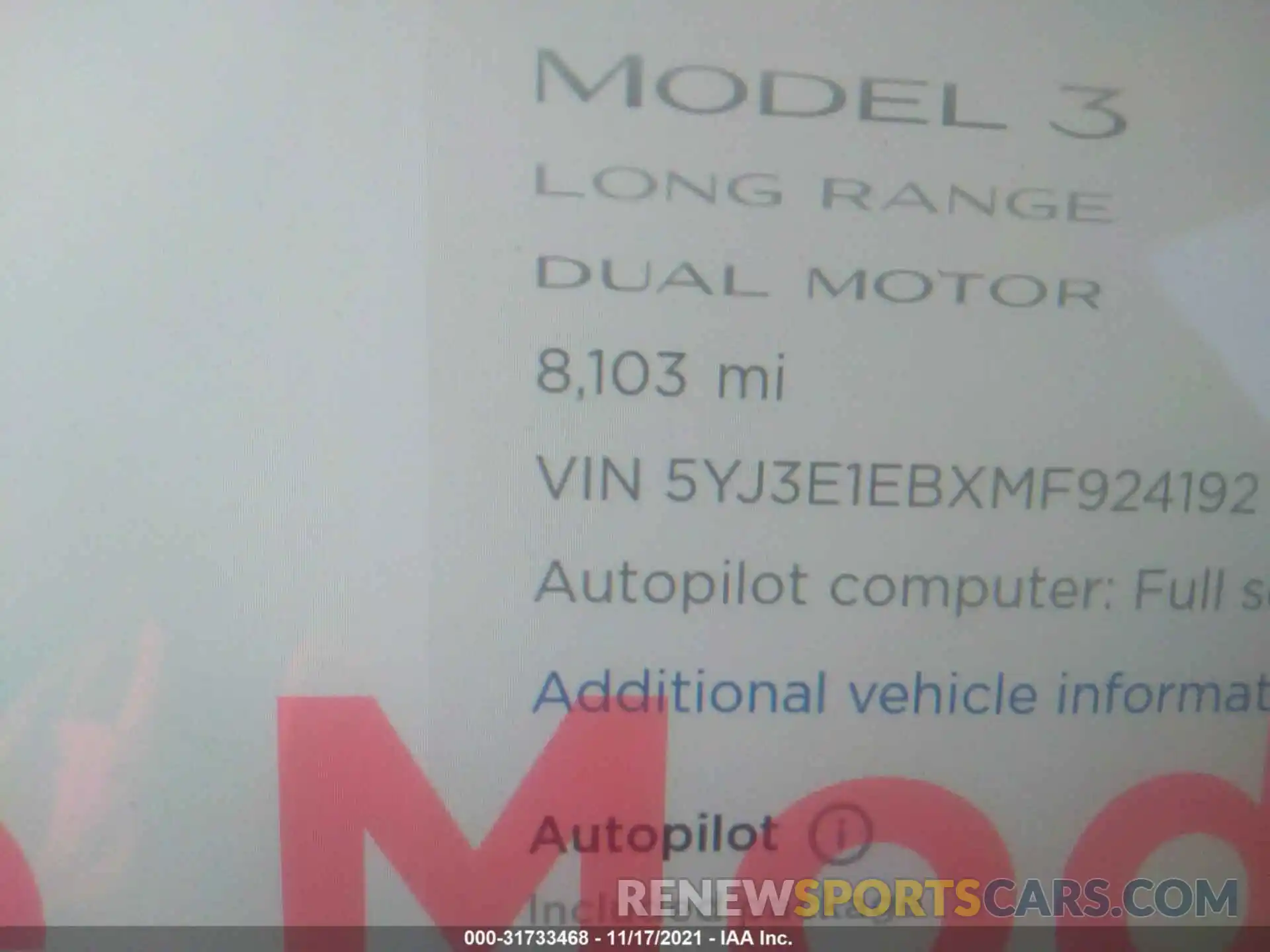 7 Photograph of a damaged car 5YJ3E1EBXMF924192 TESLA MODEL 3 2021