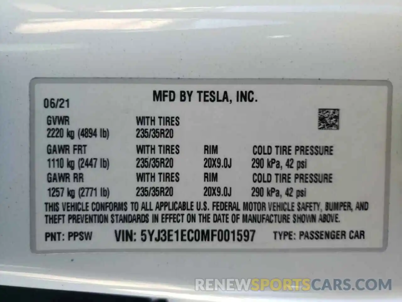 10 Photograph of a damaged car 5YJ3E1EC0MF001597 TESLA MODEL 3 2021