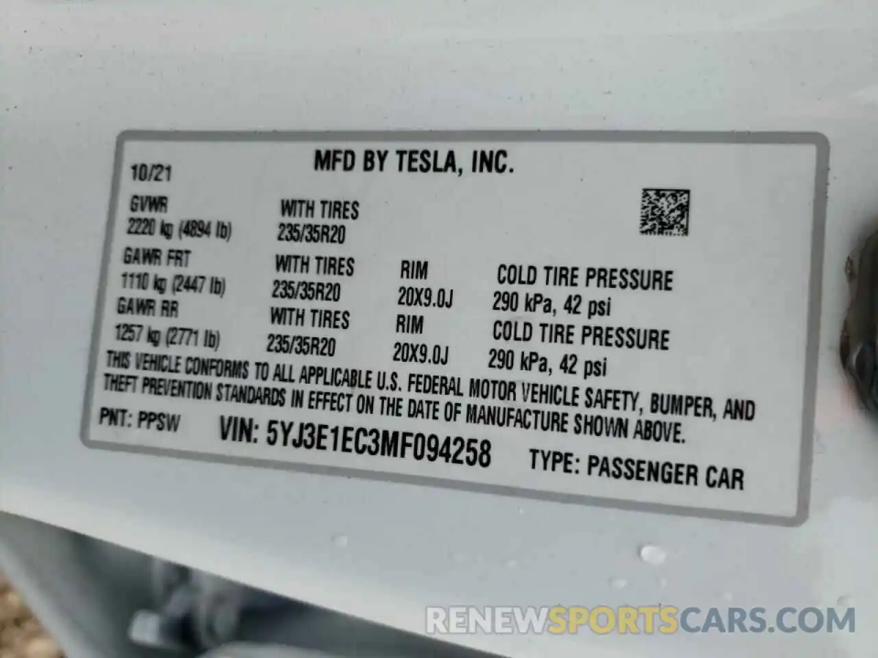 10 Photograph of a damaged car 5YJ3E1EC3MF094258 TESLA MODEL 3 2021