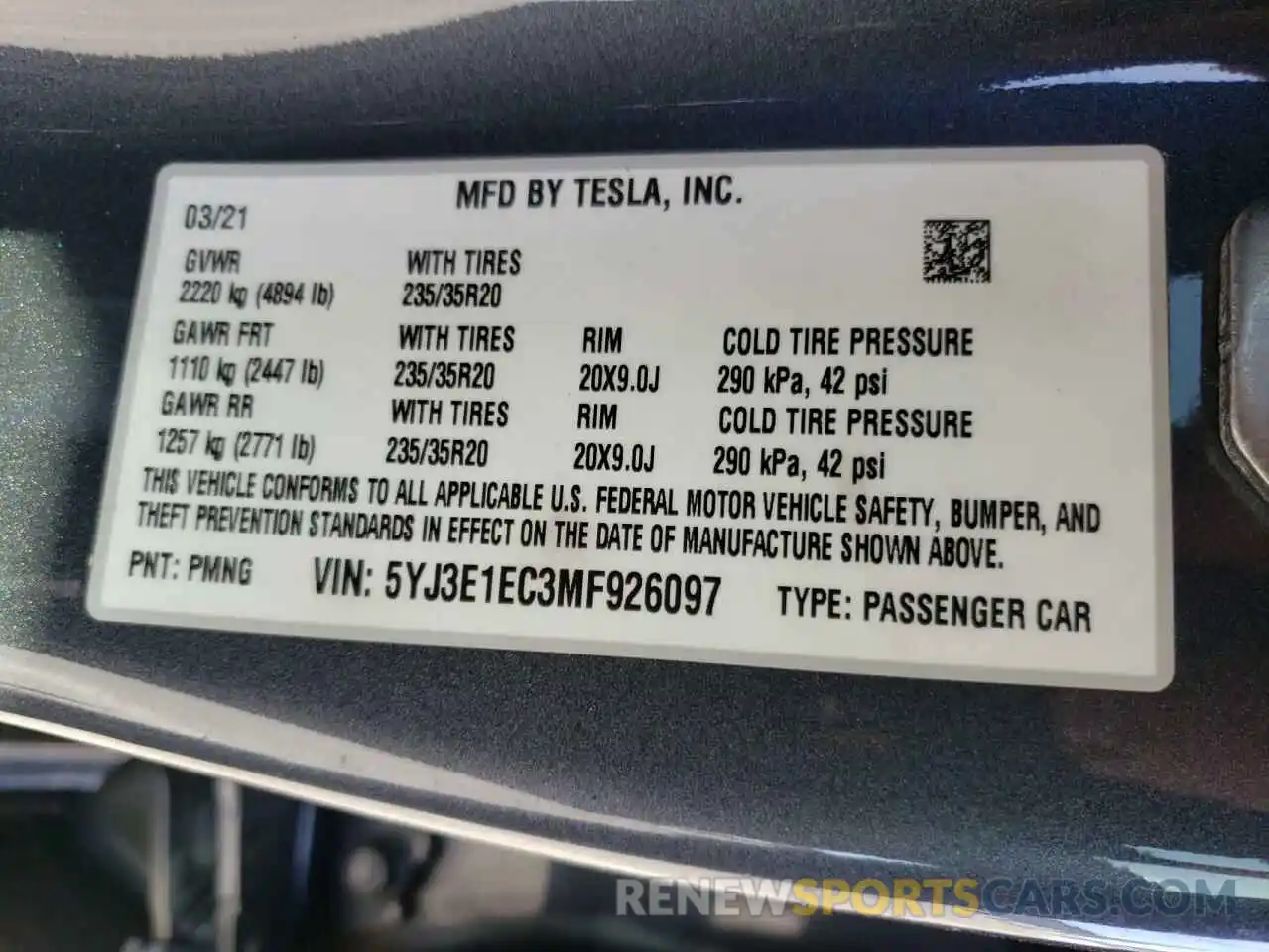 10 Фотография поврежденного автомобиля 5YJ3E1EC3MF926097 TESLA MODEL 3 2021