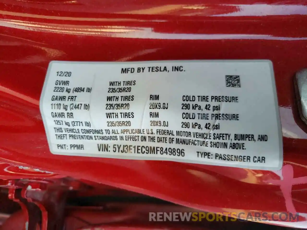 10 Photograph of a damaged car 5YJ3E1EC9MF849896 TESLA MODEL 3 2021