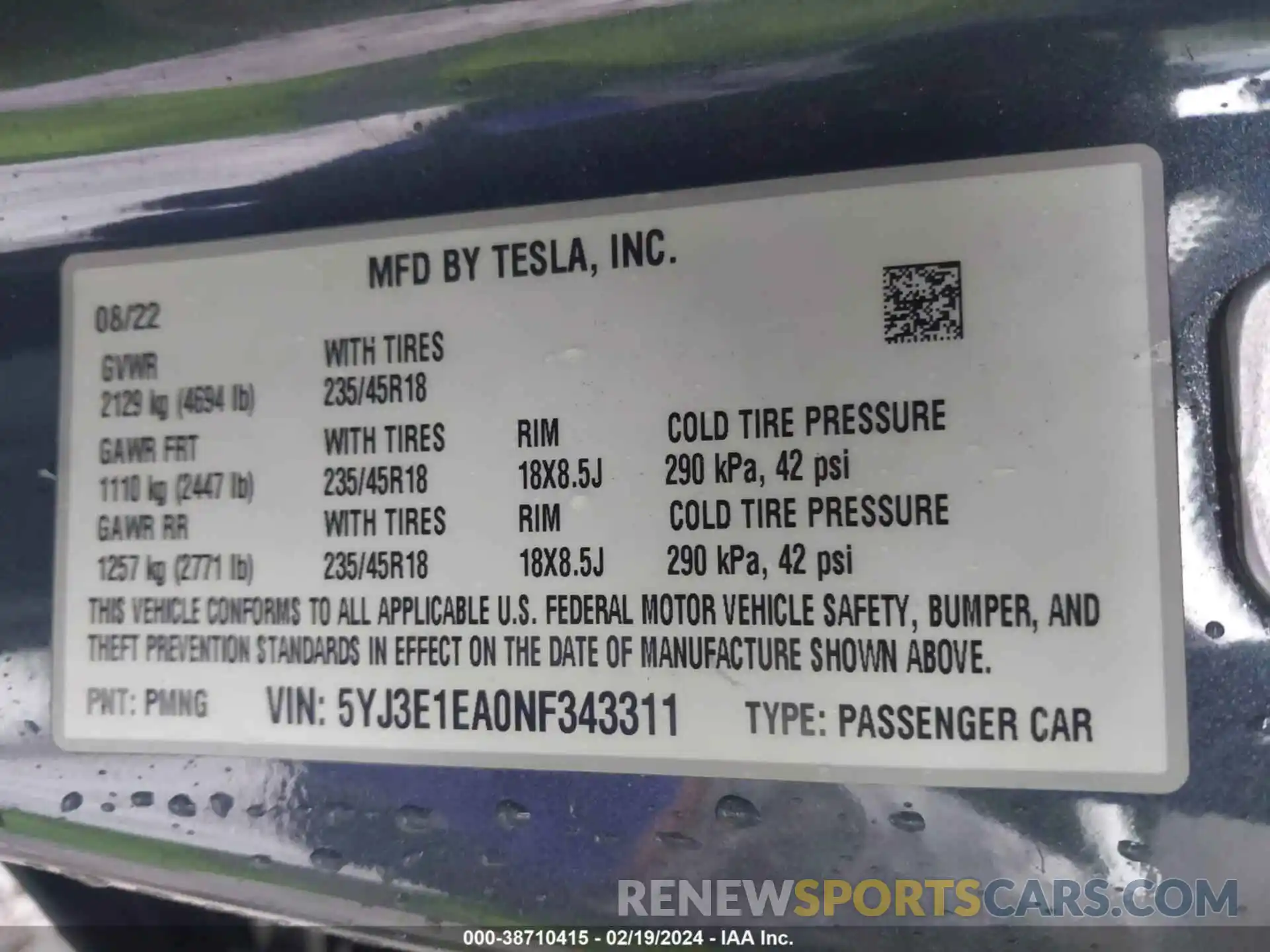 9 Photograph of a damaged car 5YJ3E1EA0NF343311 TESLA MODEL 3 2022