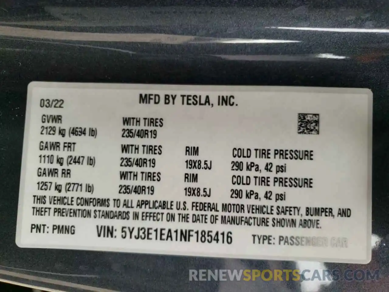 10 Photograph of a damaged car 5YJ3E1EA1NF185416 TESLA MODEL 3 2022