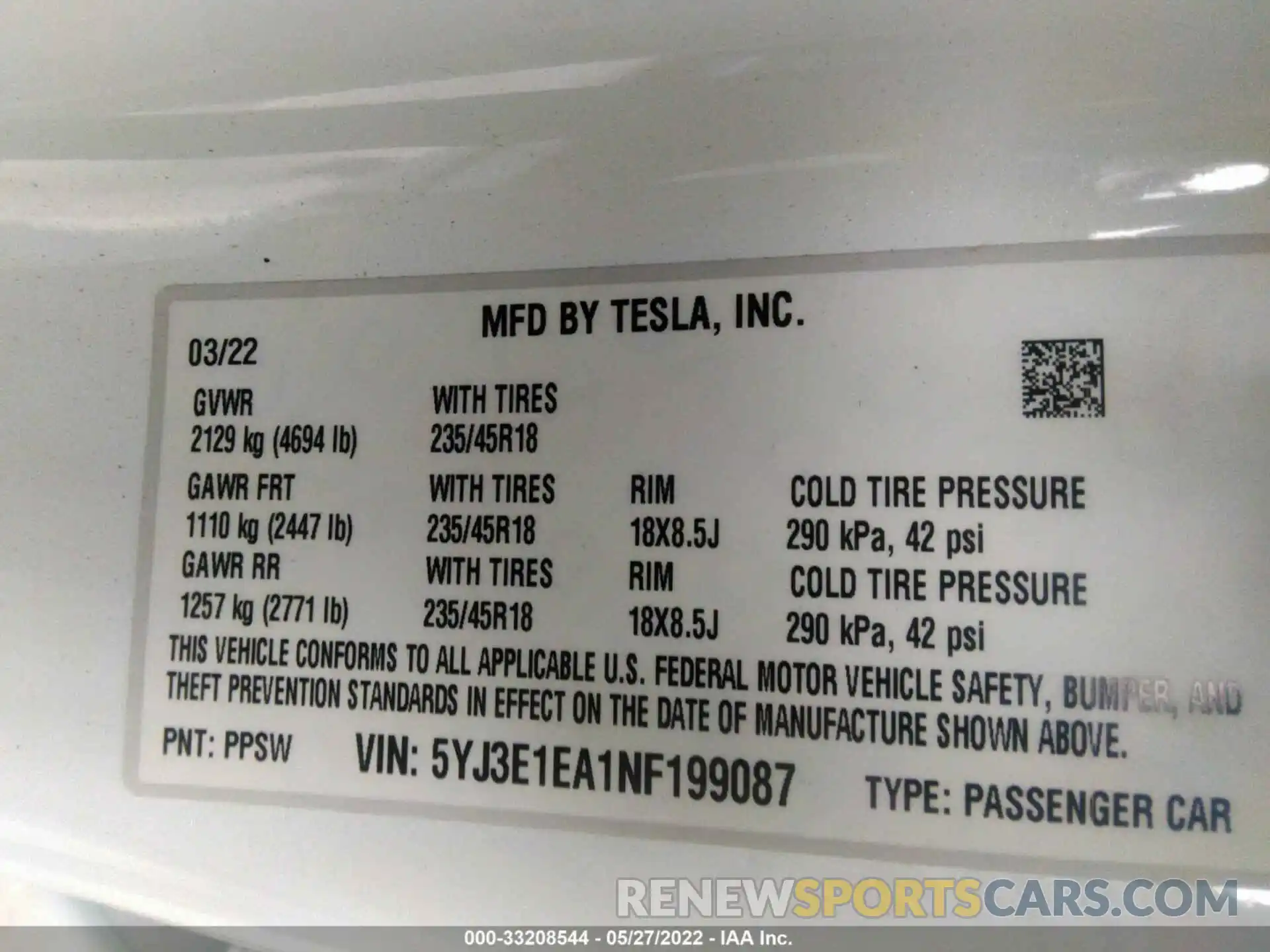 9 Photograph of a damaged car 5YJ3E1EA1NF199087 TESLA MODEL 3 2022