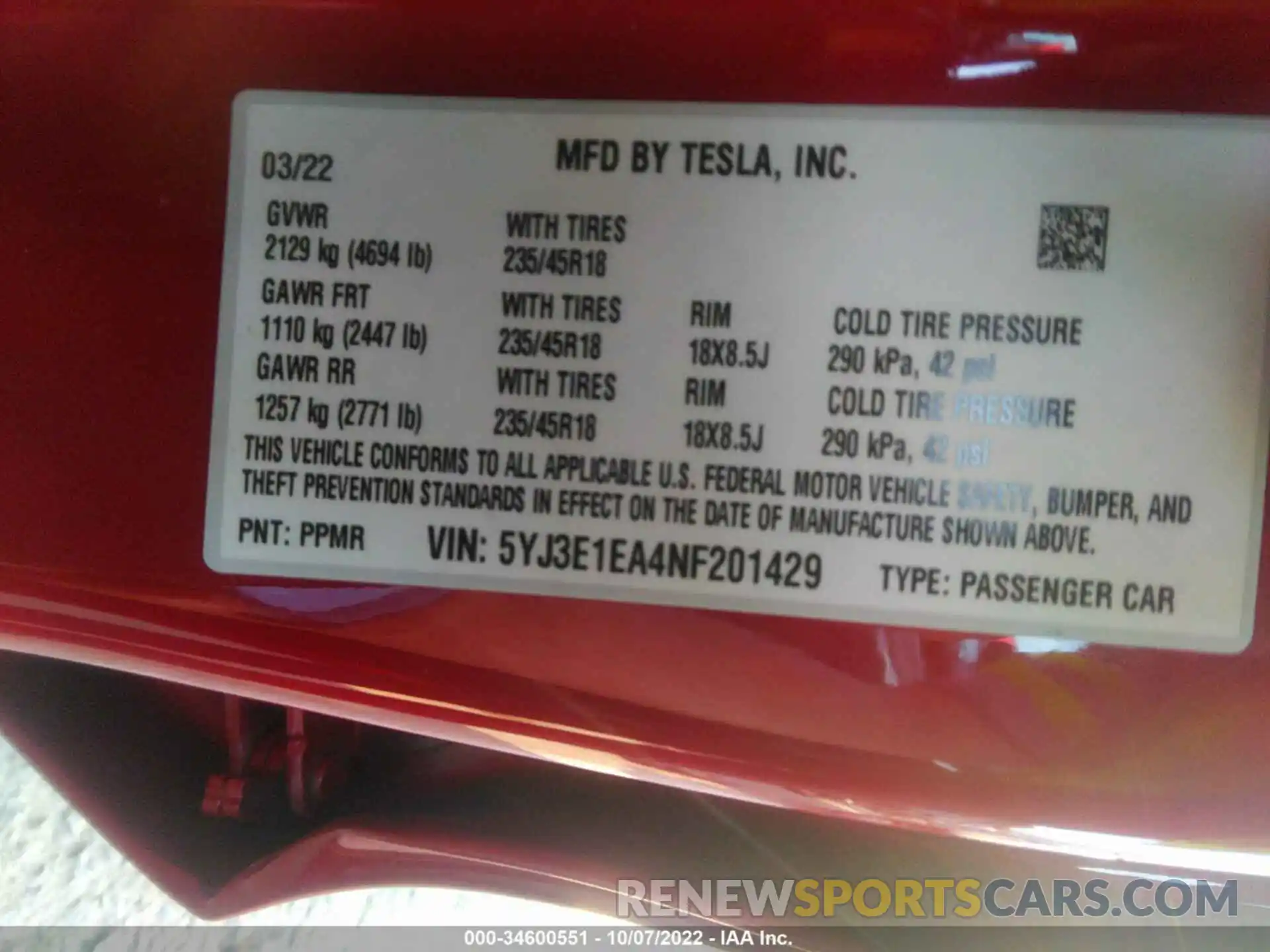 9 Photograph of a damaged car 5YJ3E1EA4NF201429 TESLA MODEL 3 2022