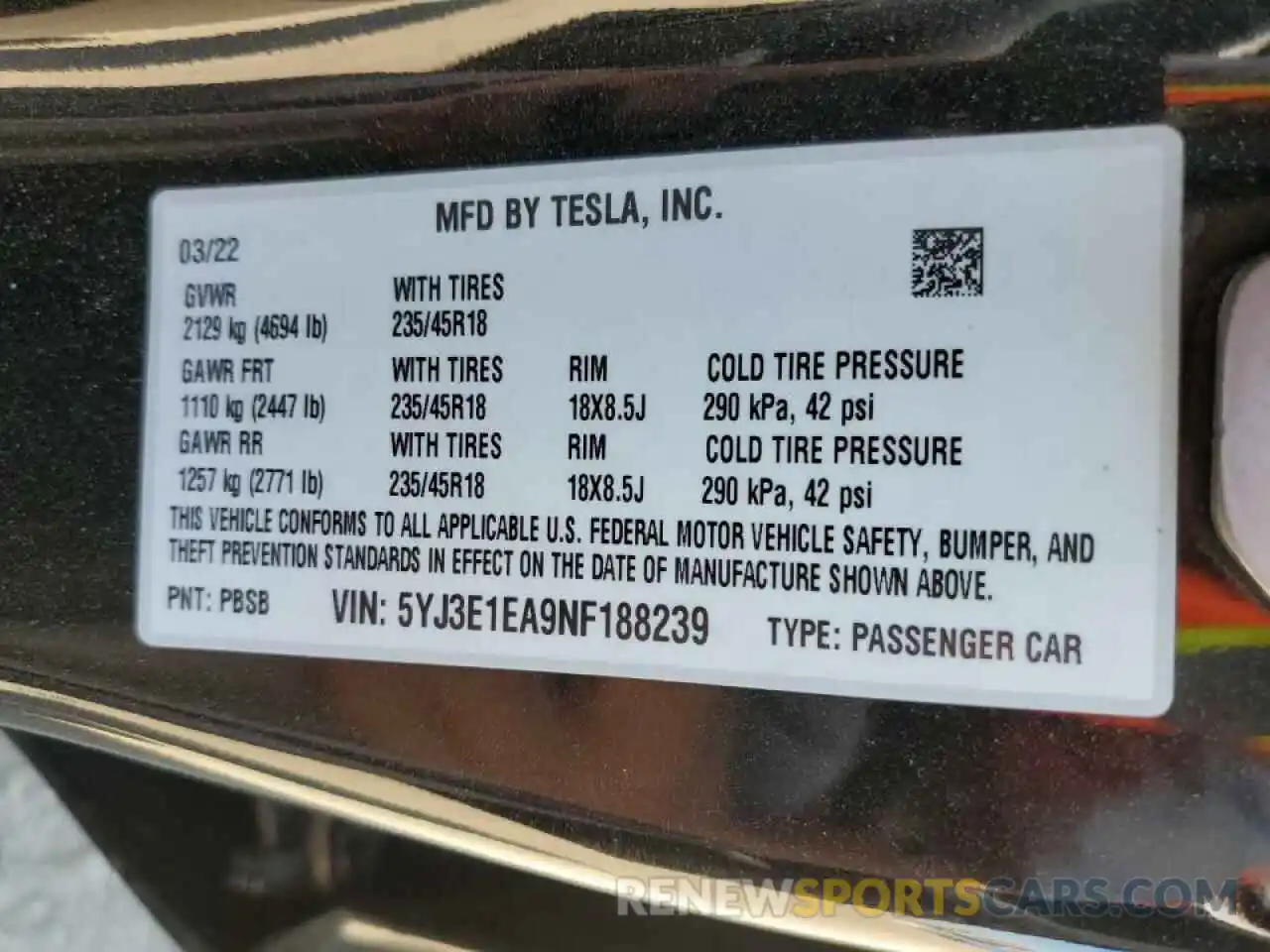 10 Photograph of a damaged car 5YJ3E1EA9NF188239 TESLA MODEL 3 2022