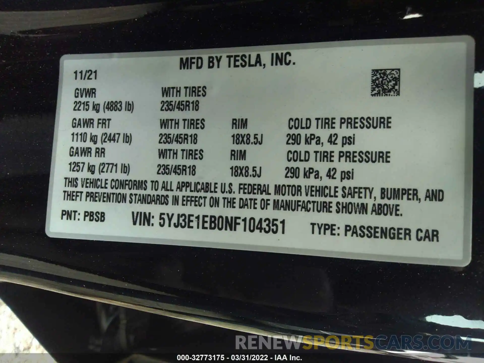 9 Фотография поврежденного автомобиля 5YJ3E1EB0NF104351 TESLA MODEL 3 2022