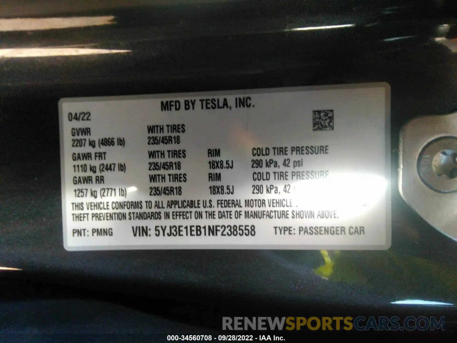 9 Фотография поврежденного автомобиля 5YJ3E1EB1NF238558 TESLA MODEL 3 2022