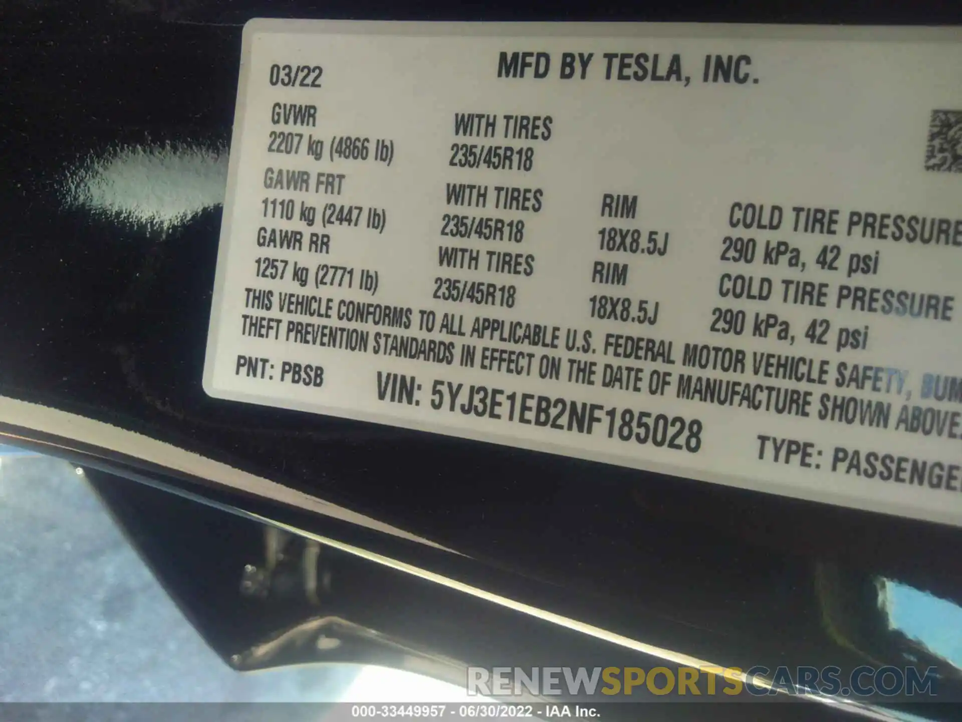 9 Photograph of a damaged car 5YJ3E1EB2NF185028 TESLA MODEL 3 2022