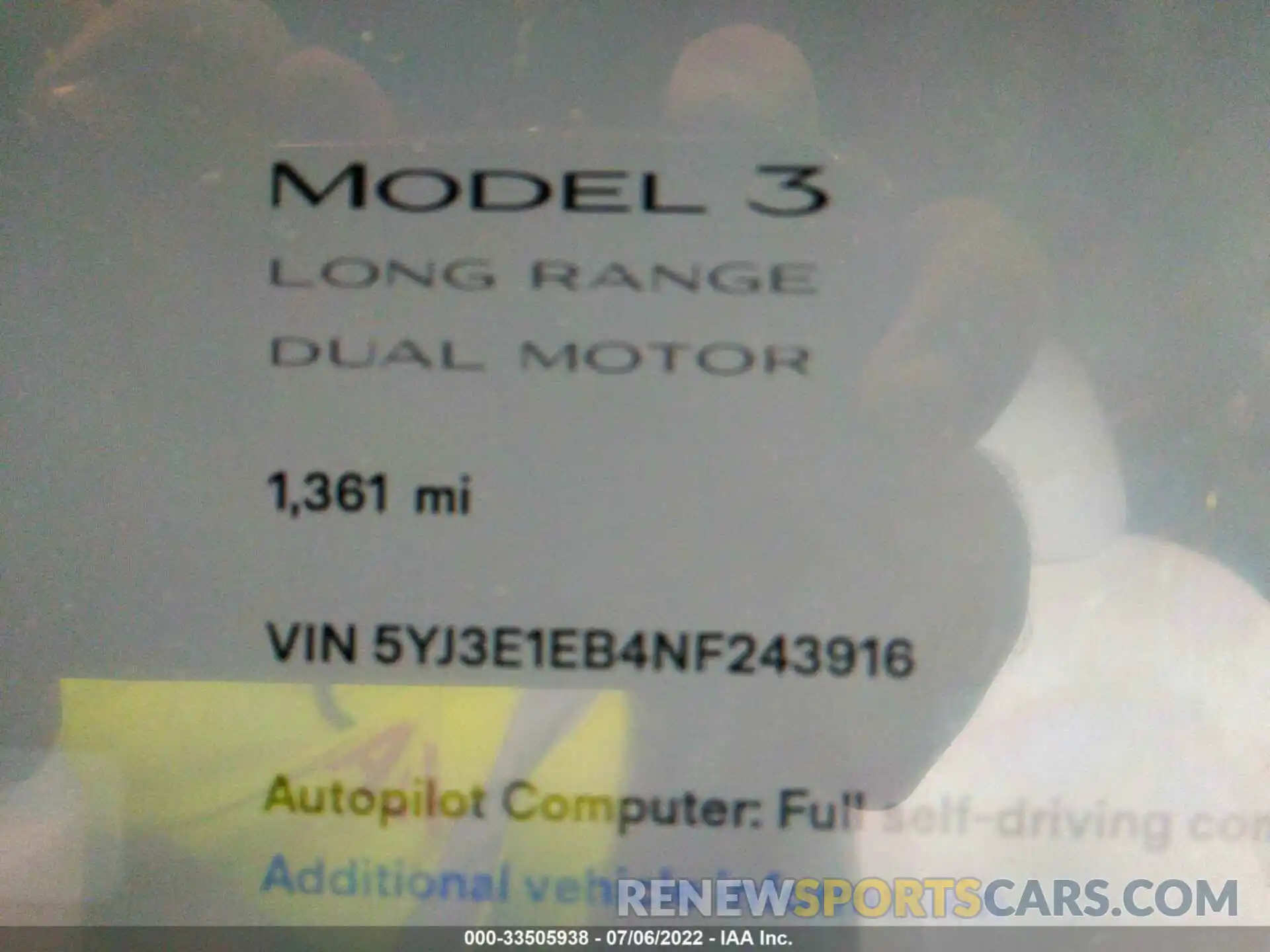 7 Photograph of a damaged car 5YJ3E1EB4NF243916 TESLA MODEL 3 2022