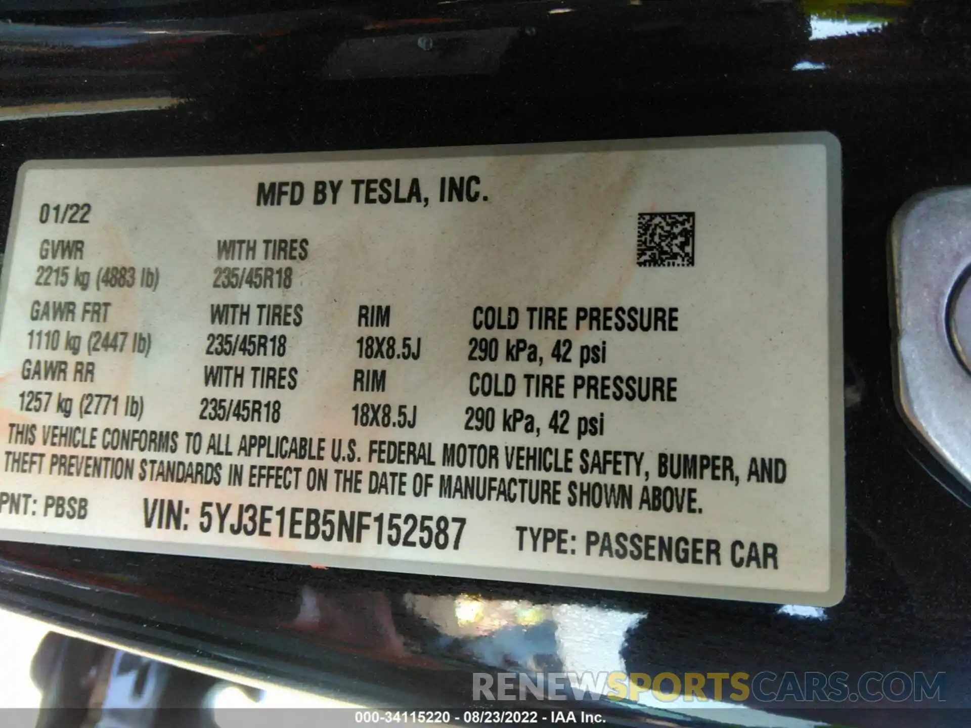 9 Photograph of a damaged car 5YJ3E1EB5NF152587 TESLA MODEL 3 2022