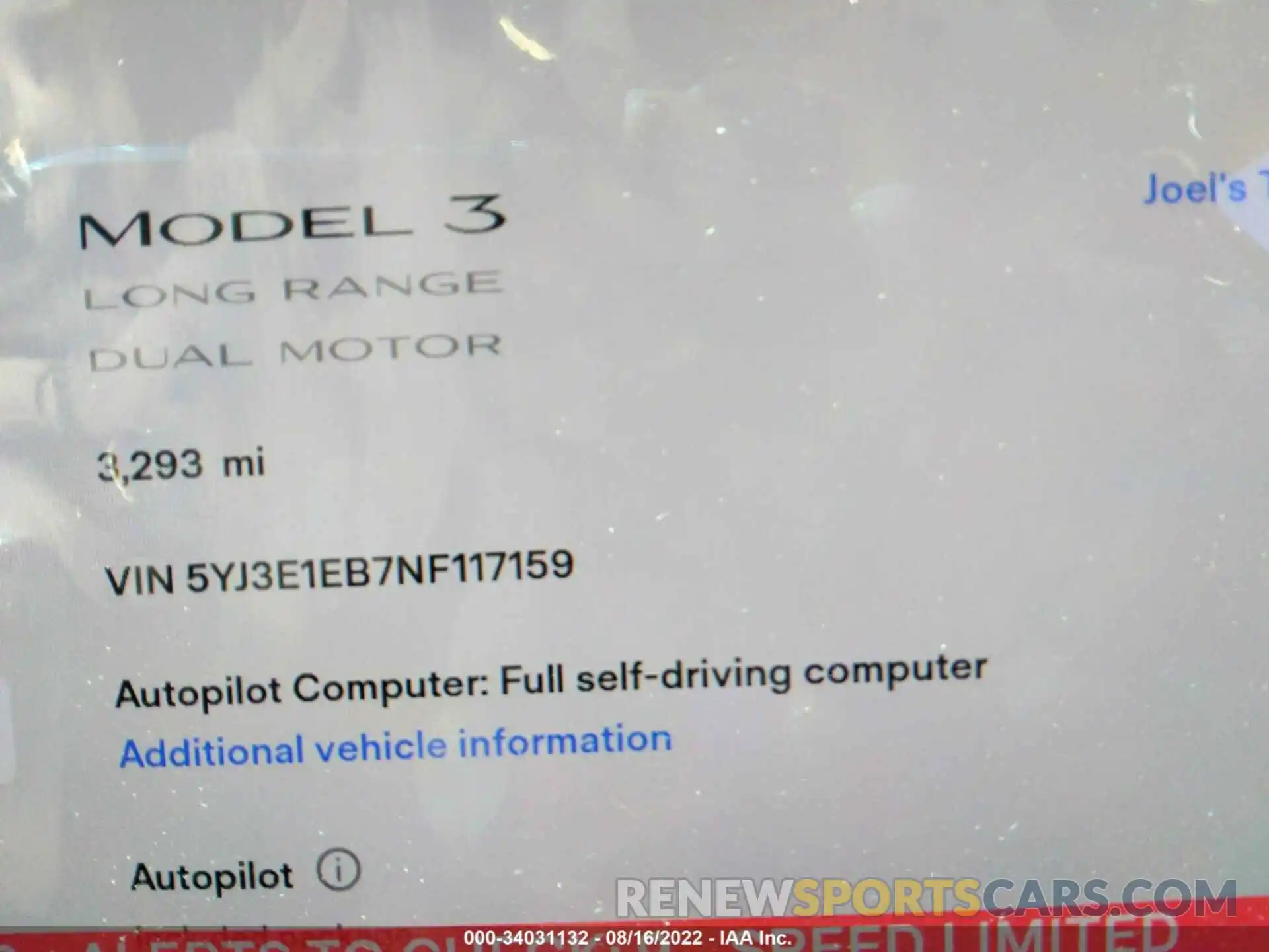 7 Photograph of a damaged car 5YJ3E1EB7NF117159 TESLA MODEL 3 2022