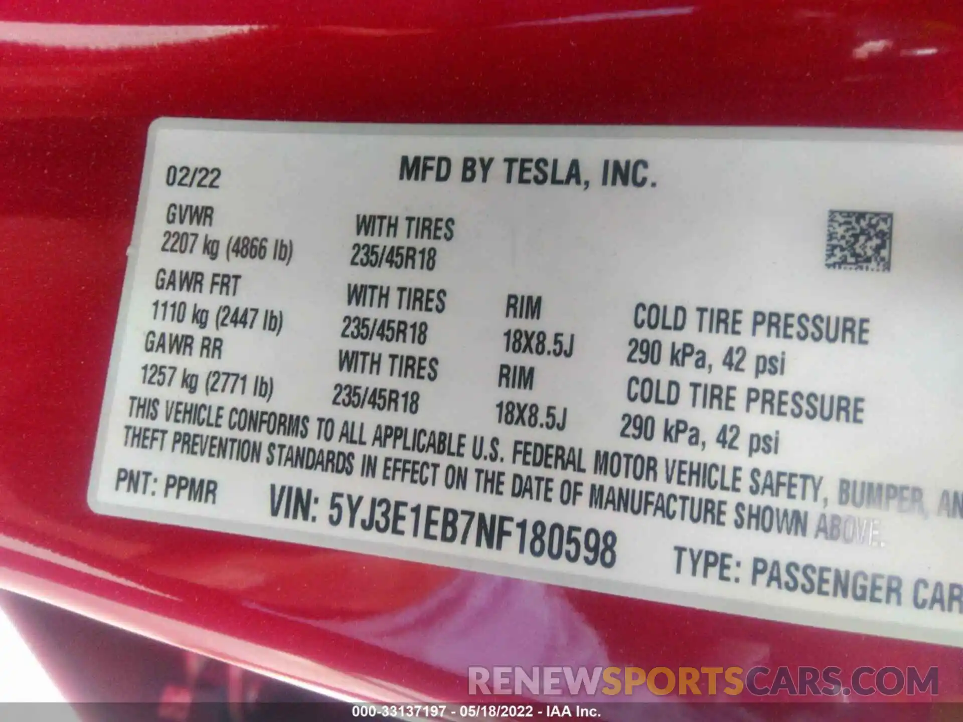 9 Photograph of a damaged car 5YJ3E1EB7NF180598 TESLA MODEL 3 2022