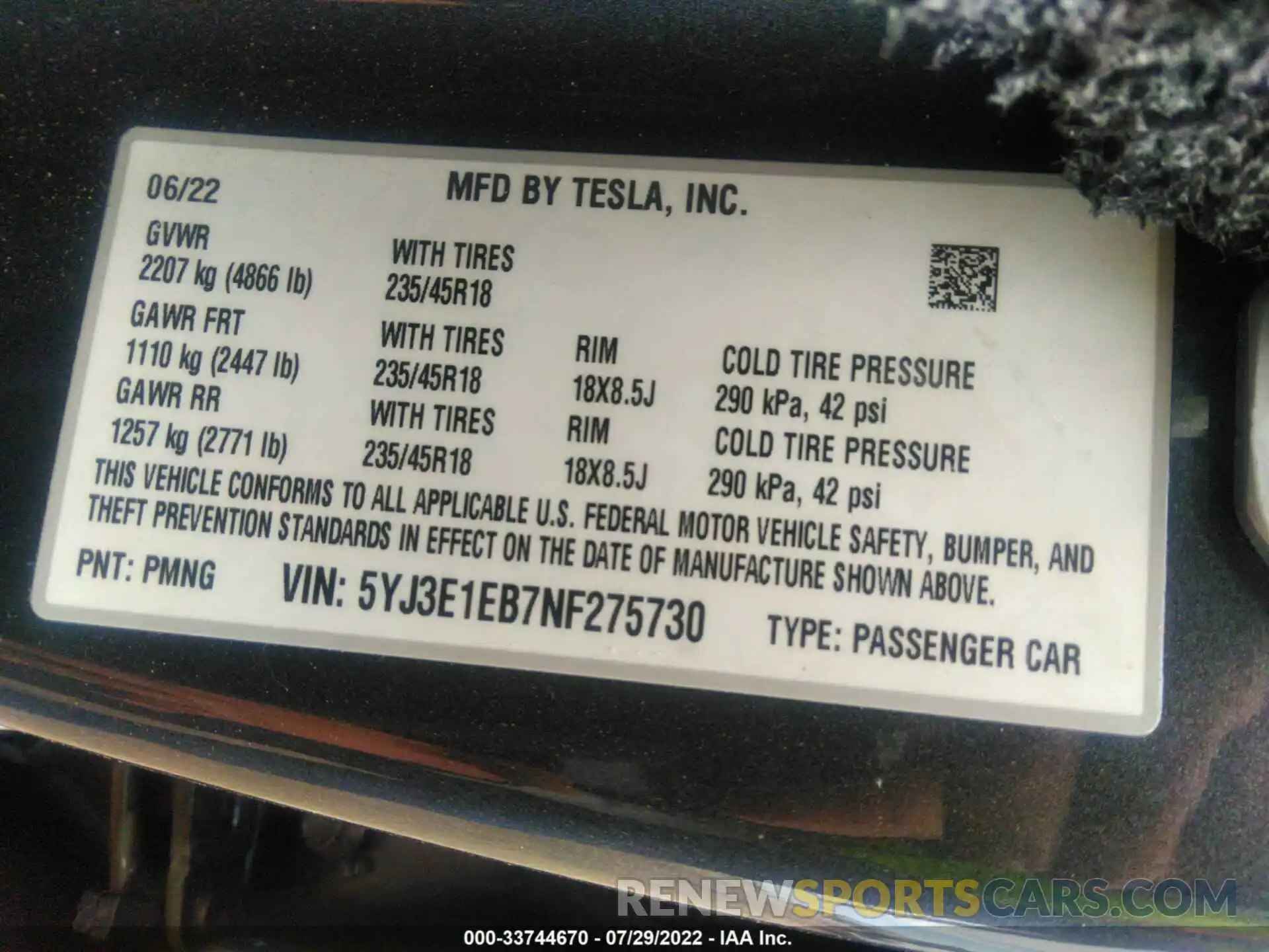 9 Photograph of a damaged car 5YJ3E1EB7NF275730 TESLA MODEL 3 2022