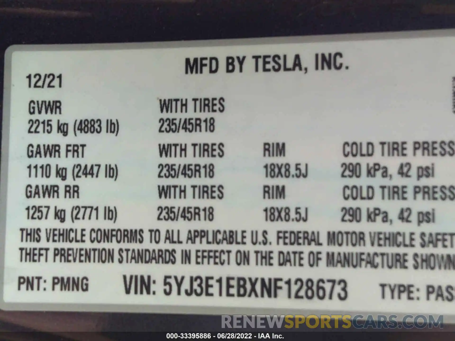 9 Фотография поврежденного автомобиля 5YJ3E1EBXNF128673 TESLA MODEL 3 2022