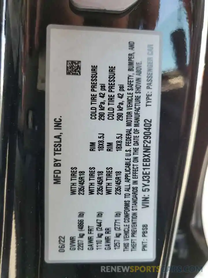 12 Photograph of a damaged car 5YJ3E1EBXNF290402 TESLA MODEL 3 2022