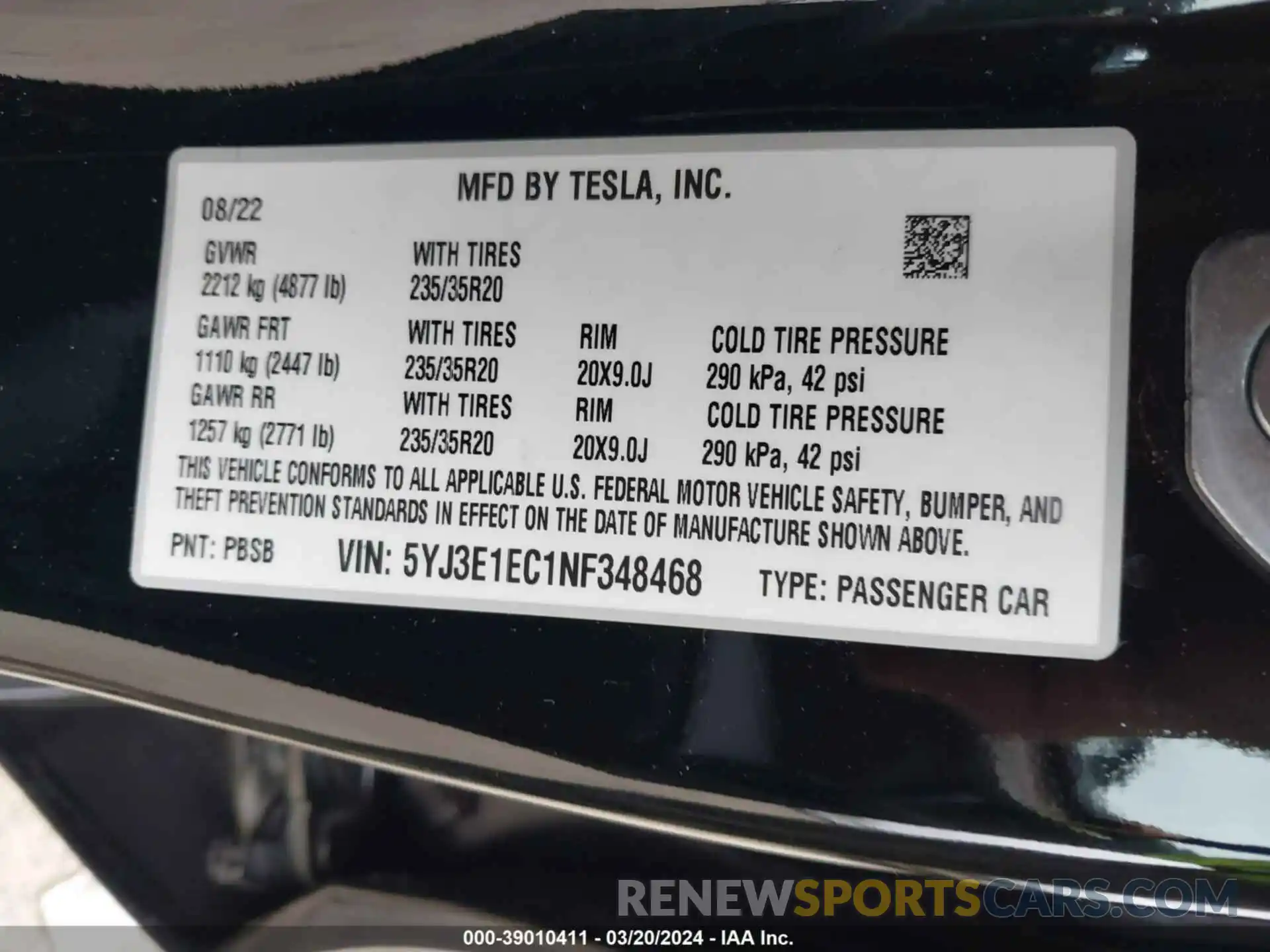 9 Photograph of a damaged car 5YJ3E1EC1NF348468 TESLA MODEL 3 2022