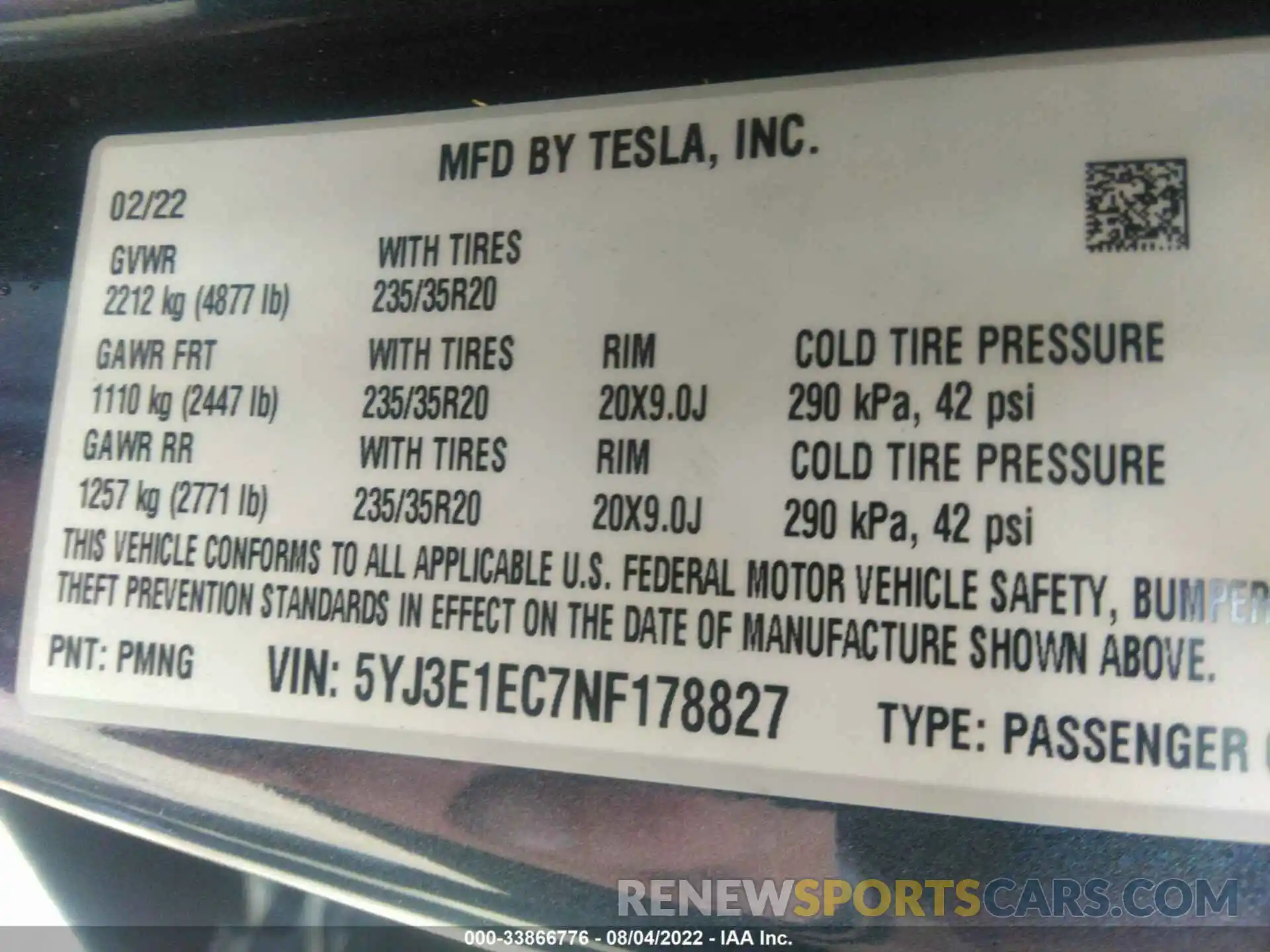 9 Фотография поврежденного автомобиля 5YJ3E1EC7NF178827 TESLA MODEL 3 2022